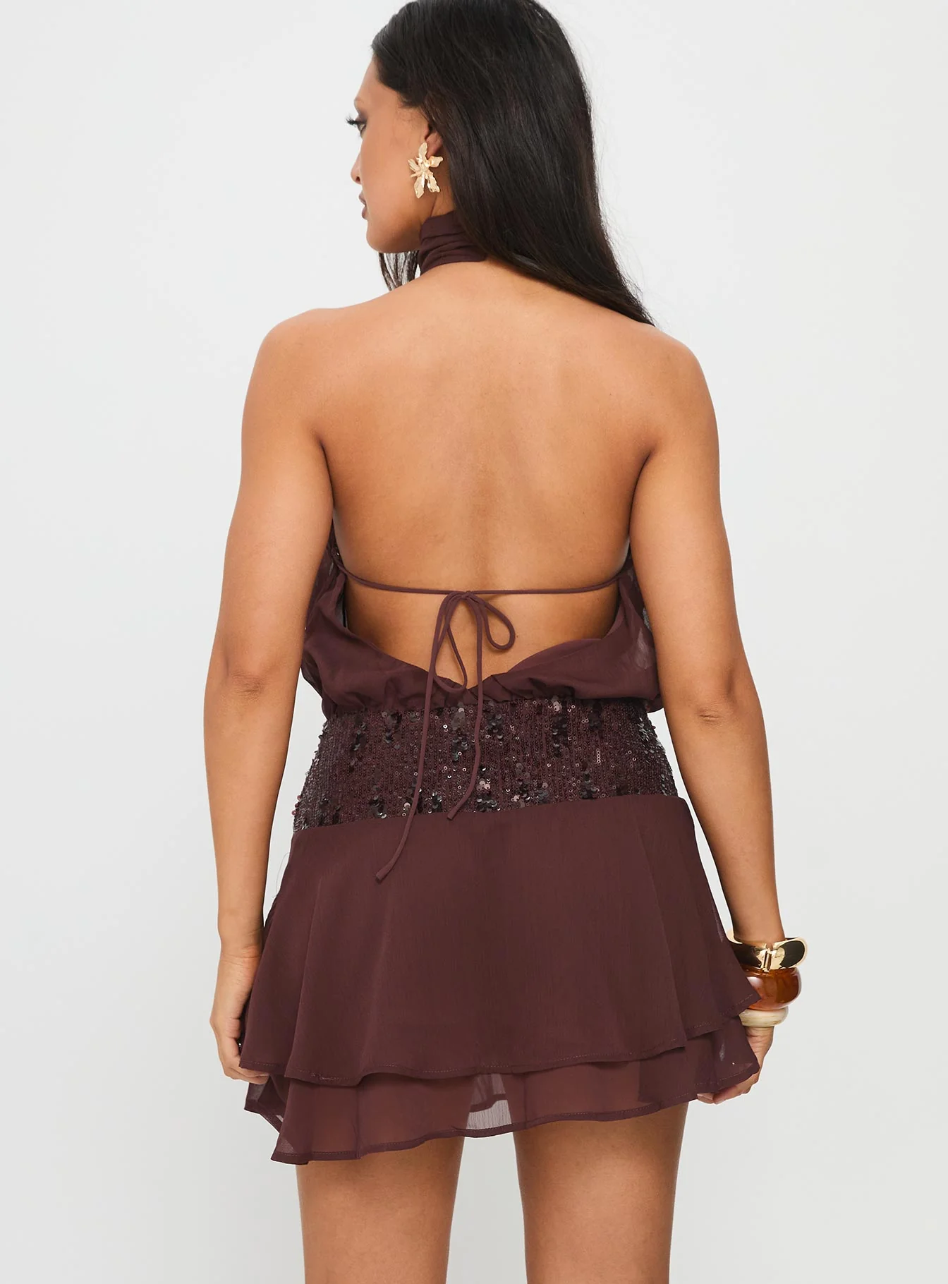 Zenayda Drop Waist Sequin Mini Dress Brown - TREBLEV