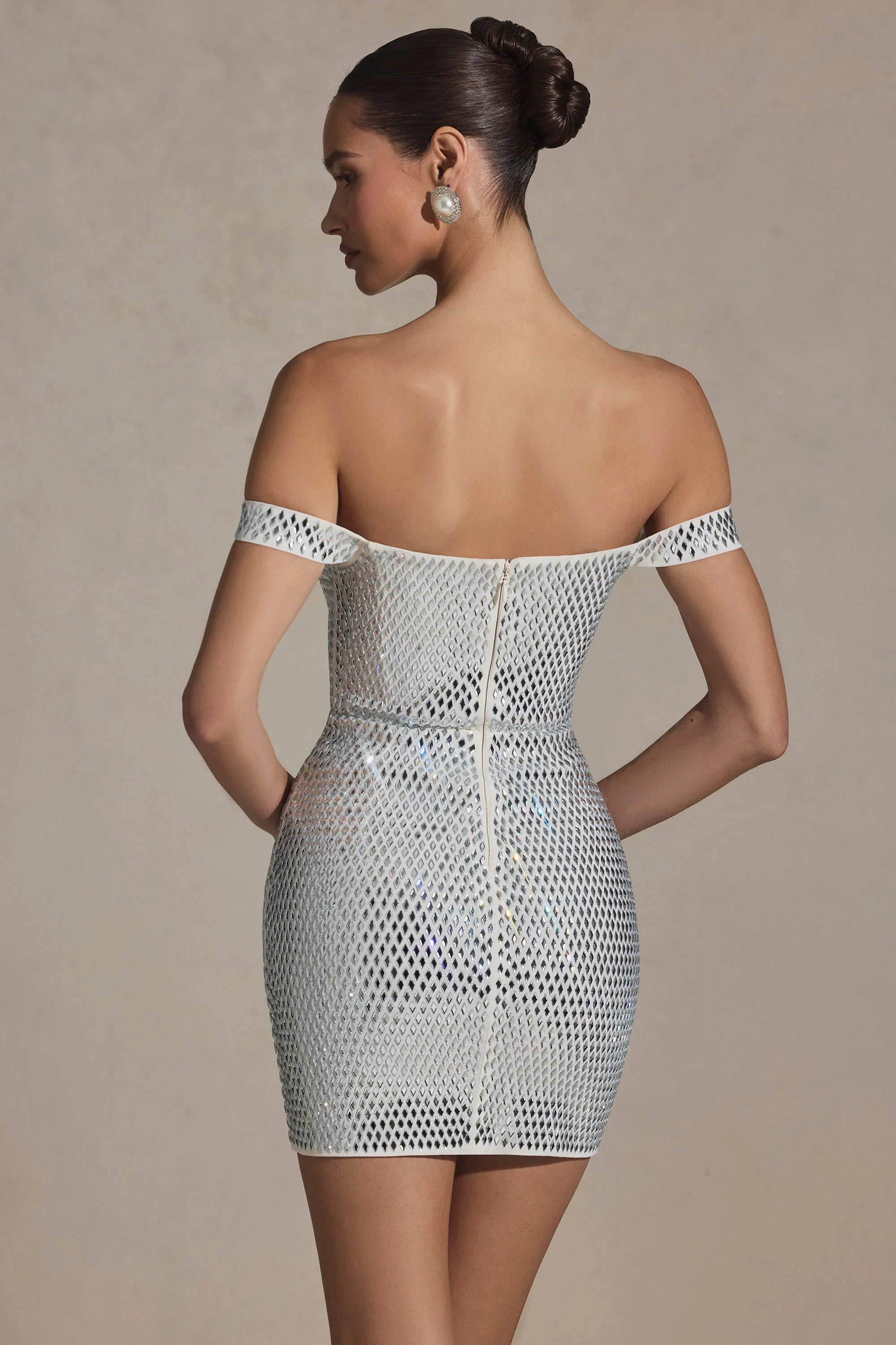 Embellished Off-Shoulder Mini Dress in White - TREBLEV