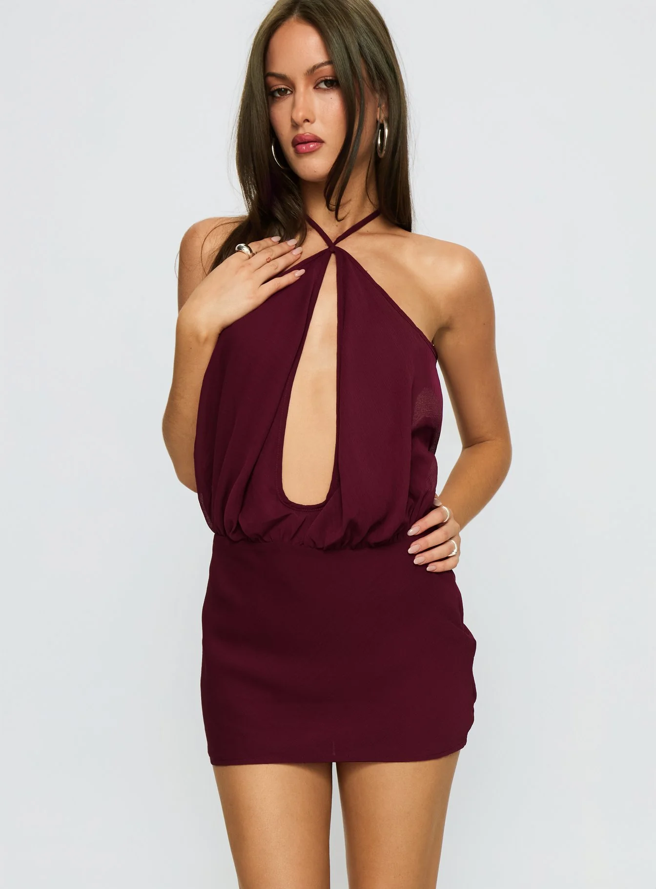 Drifting Away Chiffon Mini Dress Currant - TREBLEV