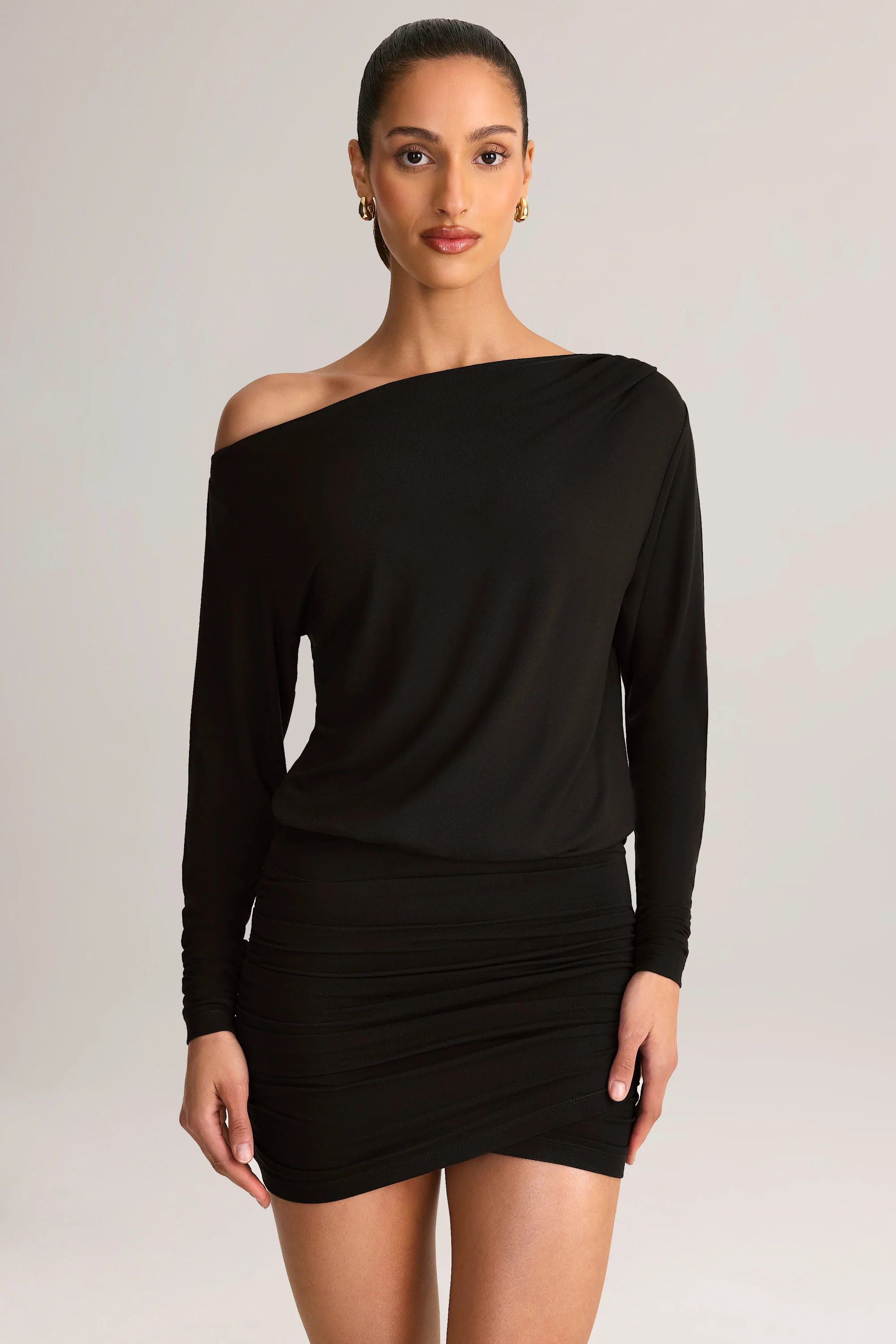 Modal Off-Shoulder Mini Dress in Black - TREBLEV
