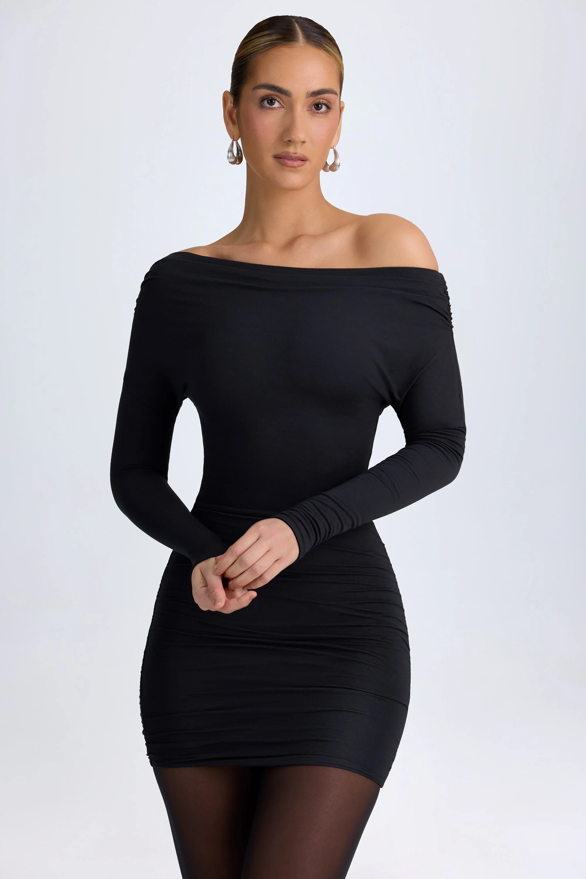 Modal Off-Shoulder Ruched Mini Dress in Black - TREBLEV