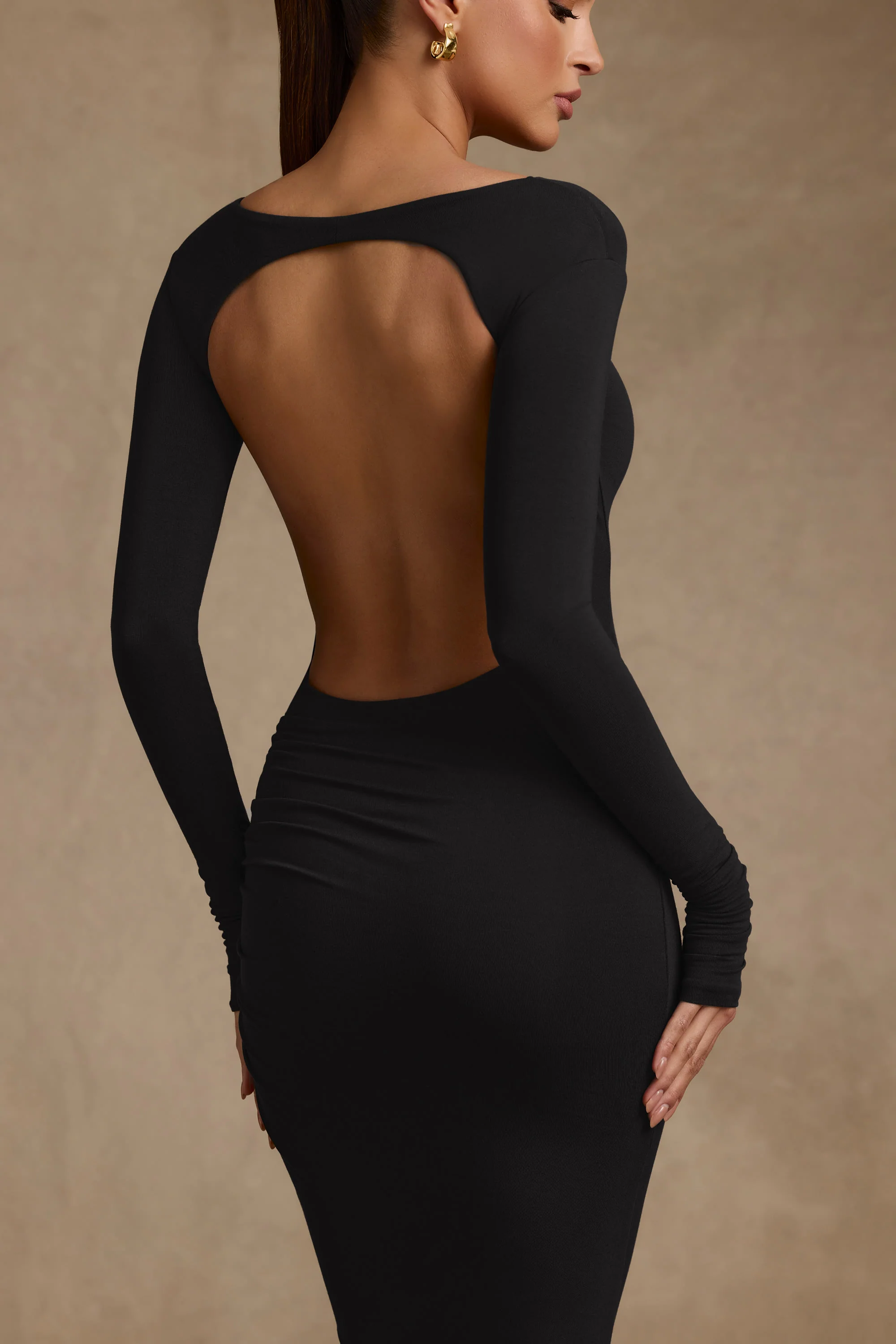 Modal Ruched Backless Maxi Dress in Black - TREBLEV