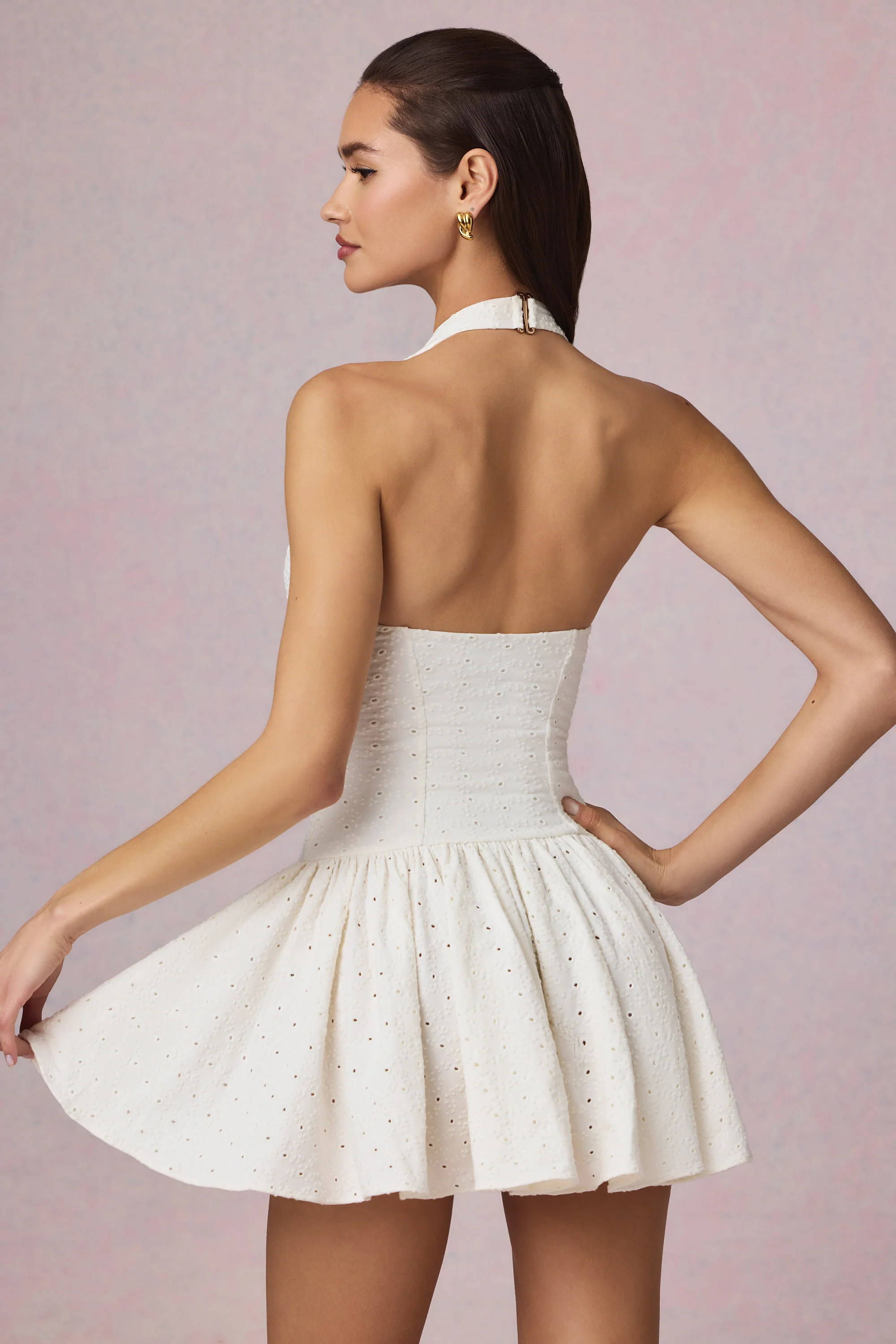 Broderie Anglaise Halterneck Mini Dress in White - TREBLEV