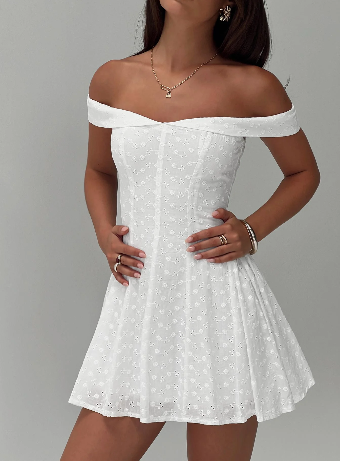 Rosebud Broderie Off The Shoulder Mini Dress White - TREBLEV