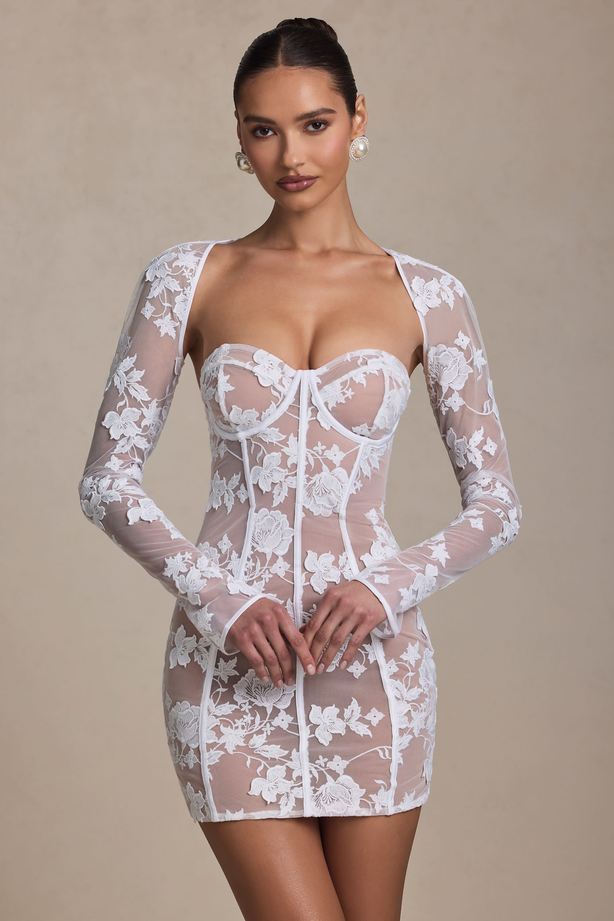 Lace-Detail Corset Mini Dress in White - TREBLEV