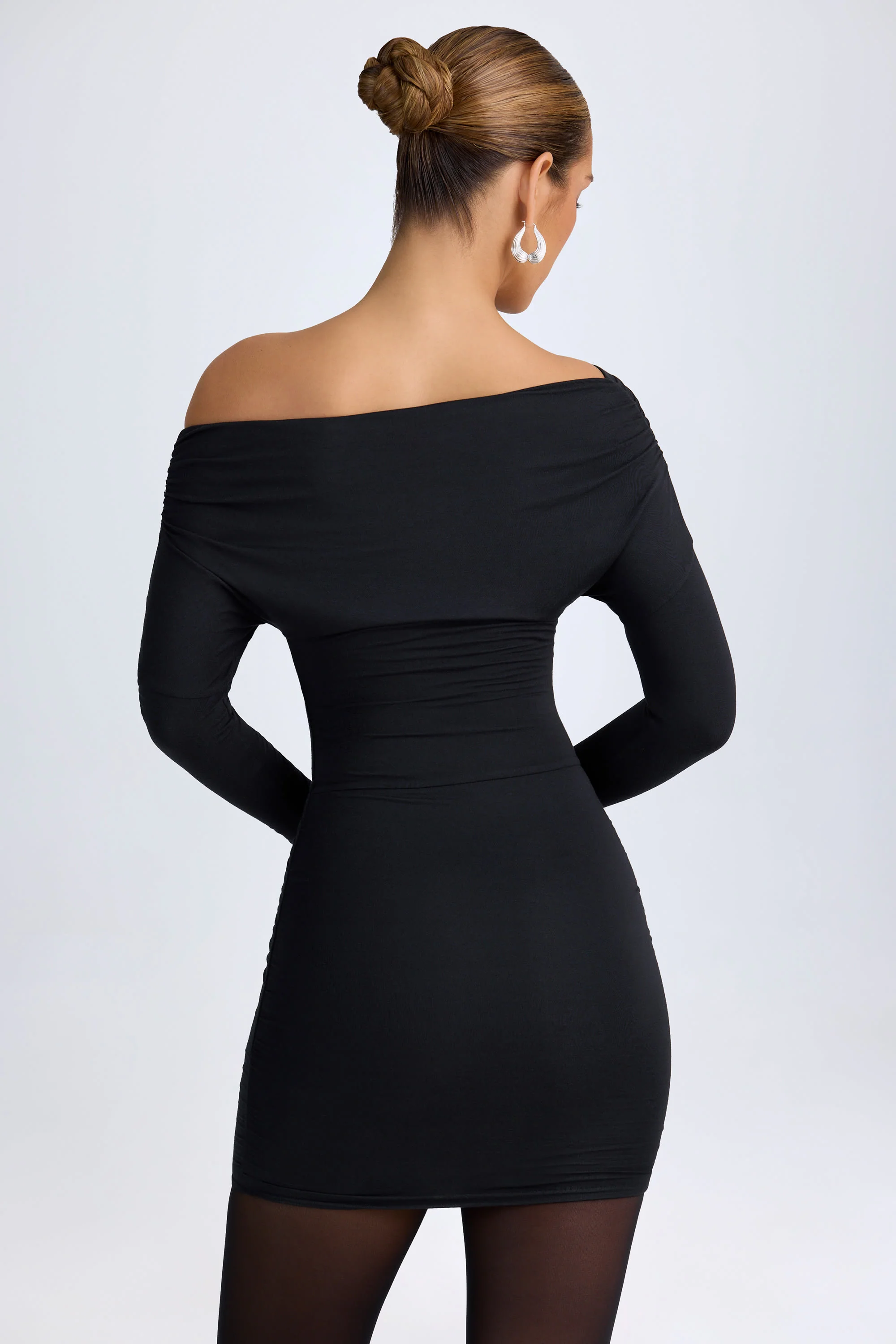 Modal Off-Shoulder Ruched Mini Dress in Black - TREBLEV