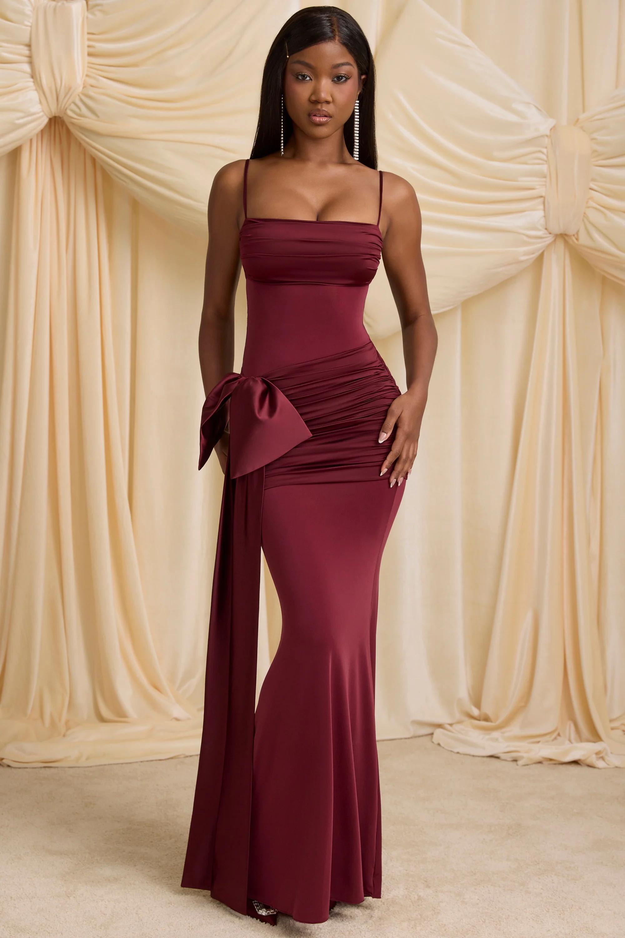 Bow-Detail Ruched Maxi Dress in Wine Red - TREBLEV