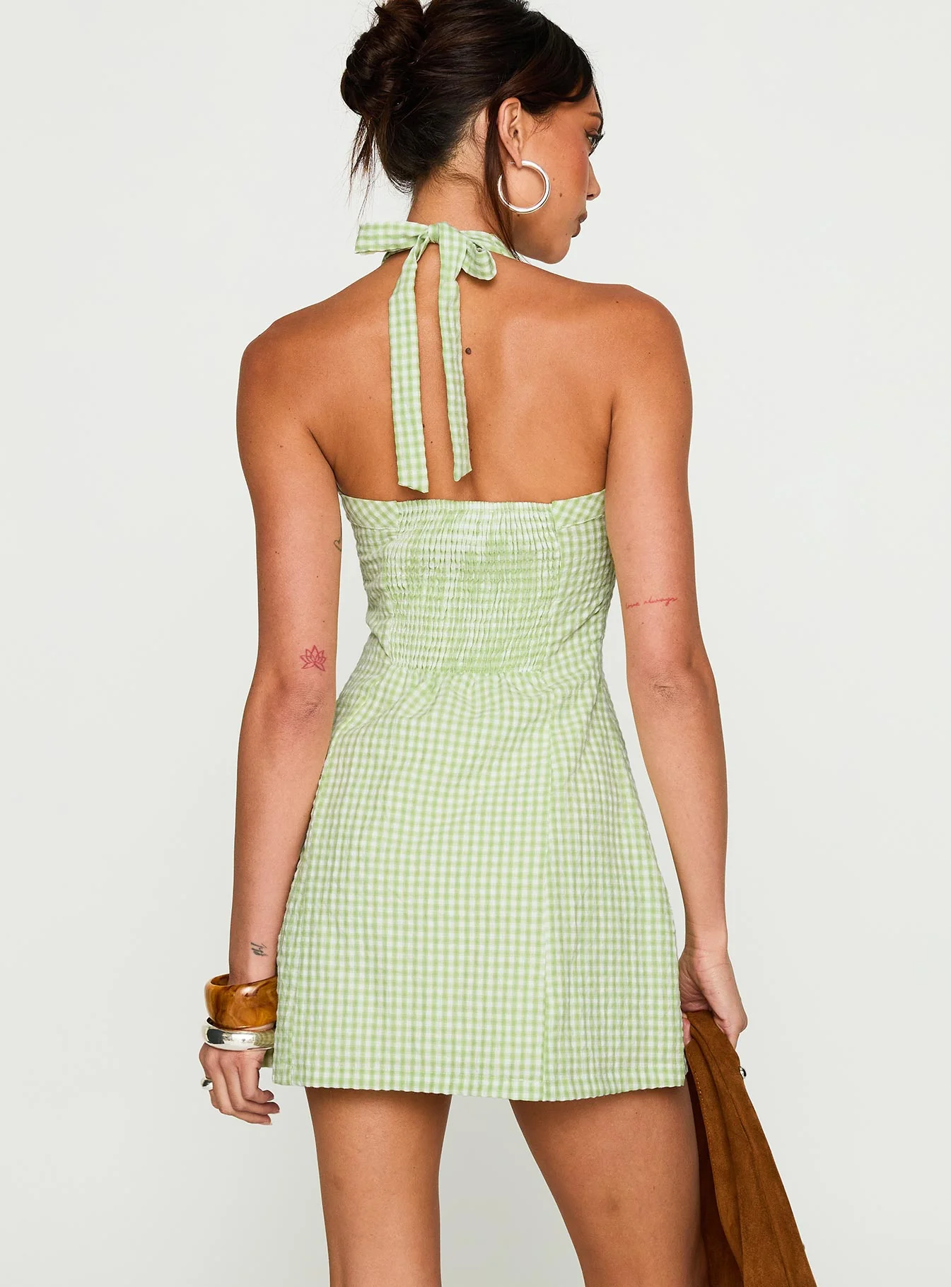 Mallorie Halter Mini Dress Green Check - TREBLEV