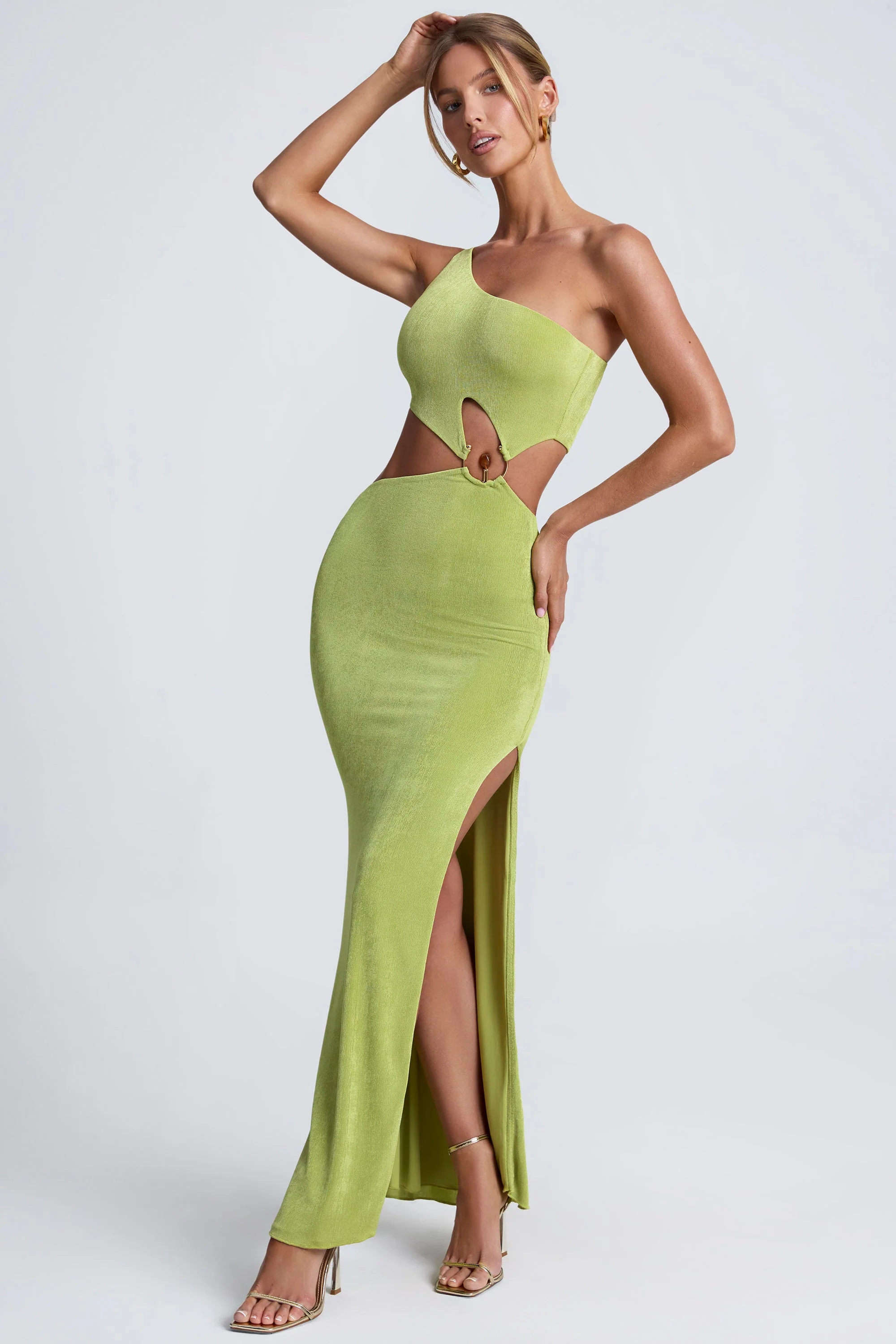 Hardware Detail One-Shoulder Maxi Dress in Olive Green - TREBLEV