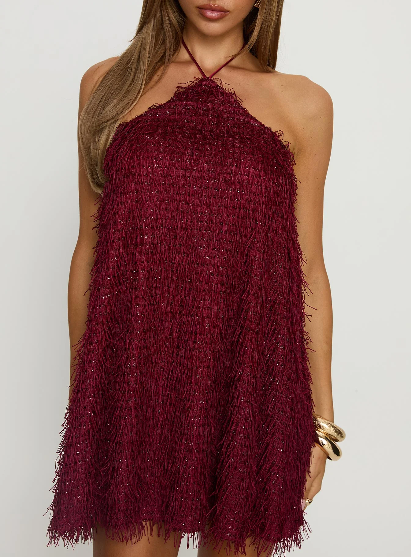 Koressa Halter Fringe Mini Dress Burgundy - TREBLEV