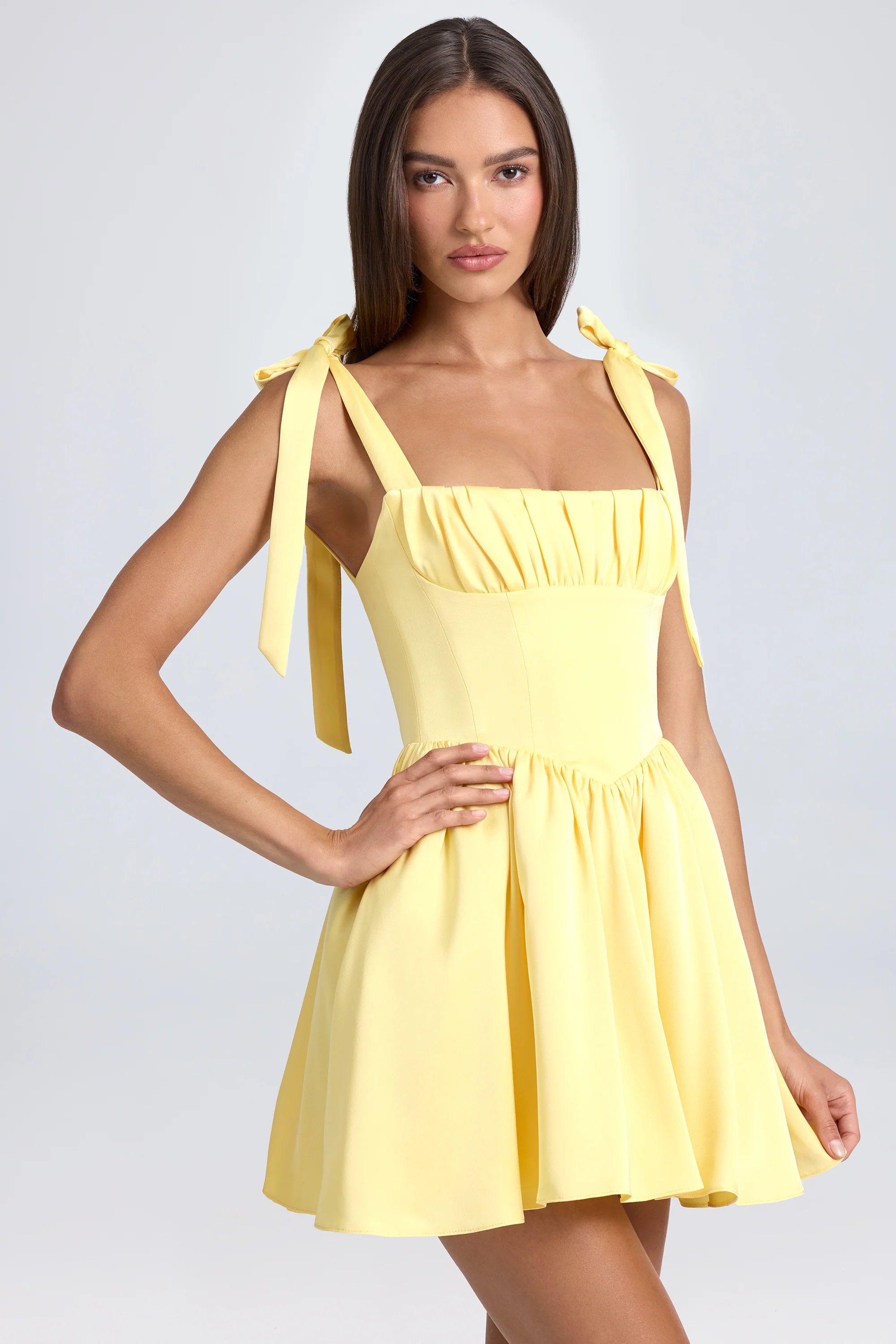 Draped Corset Mini Dress in Lemon Sherbet - TREBLEV