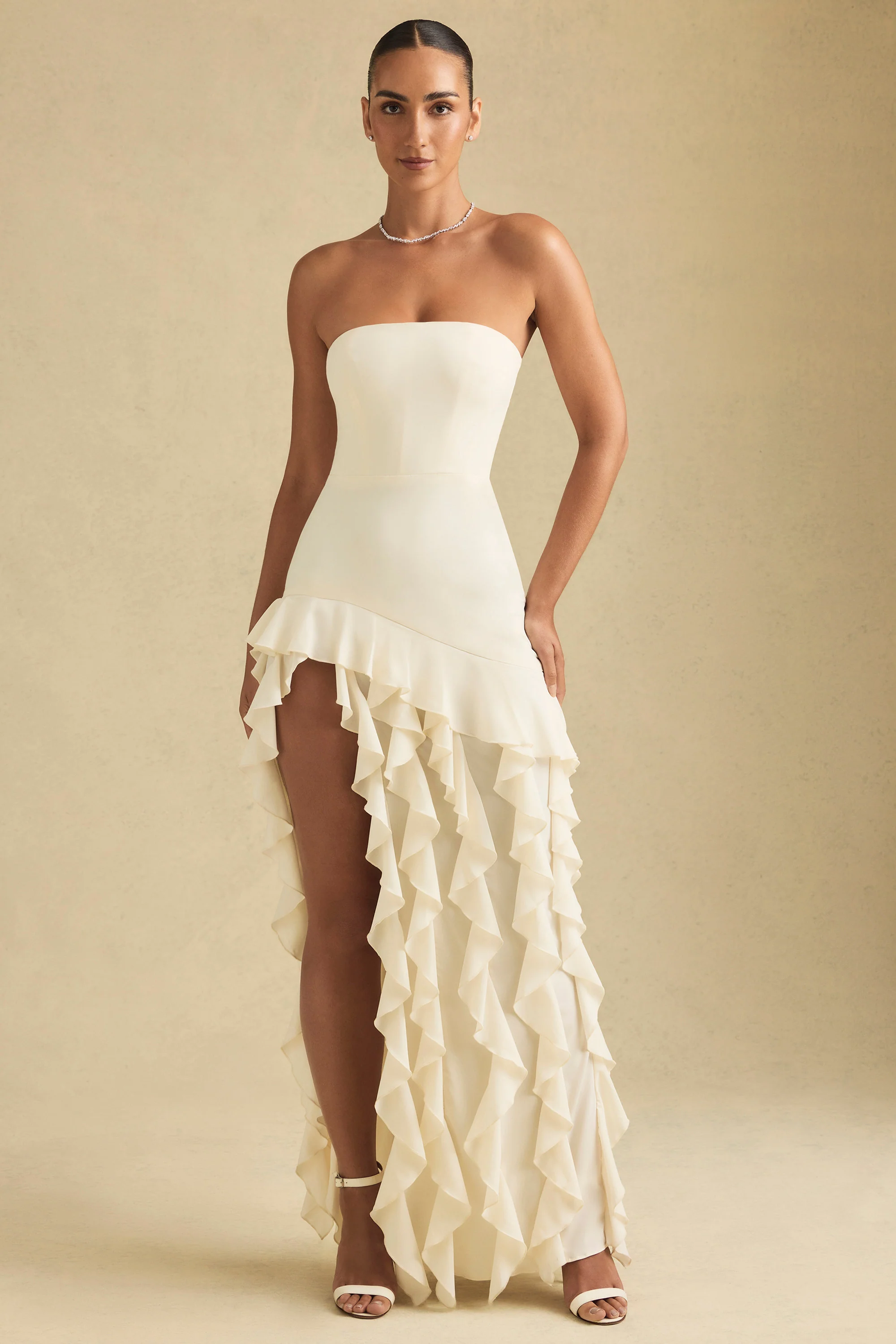 Ruffle-Trim Strapless Gown in Ivory - TREBLEV