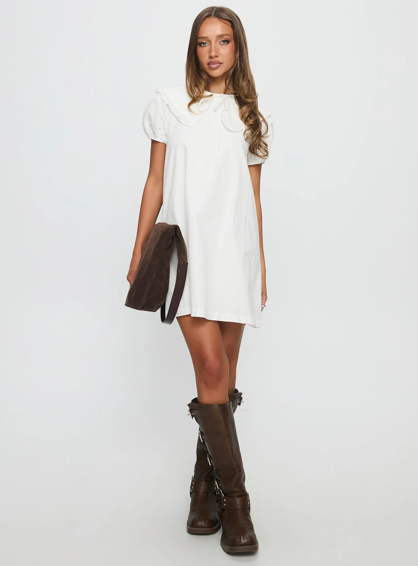 Roseprick Puff Sleeve Babydoll Dress White - TREBLEV