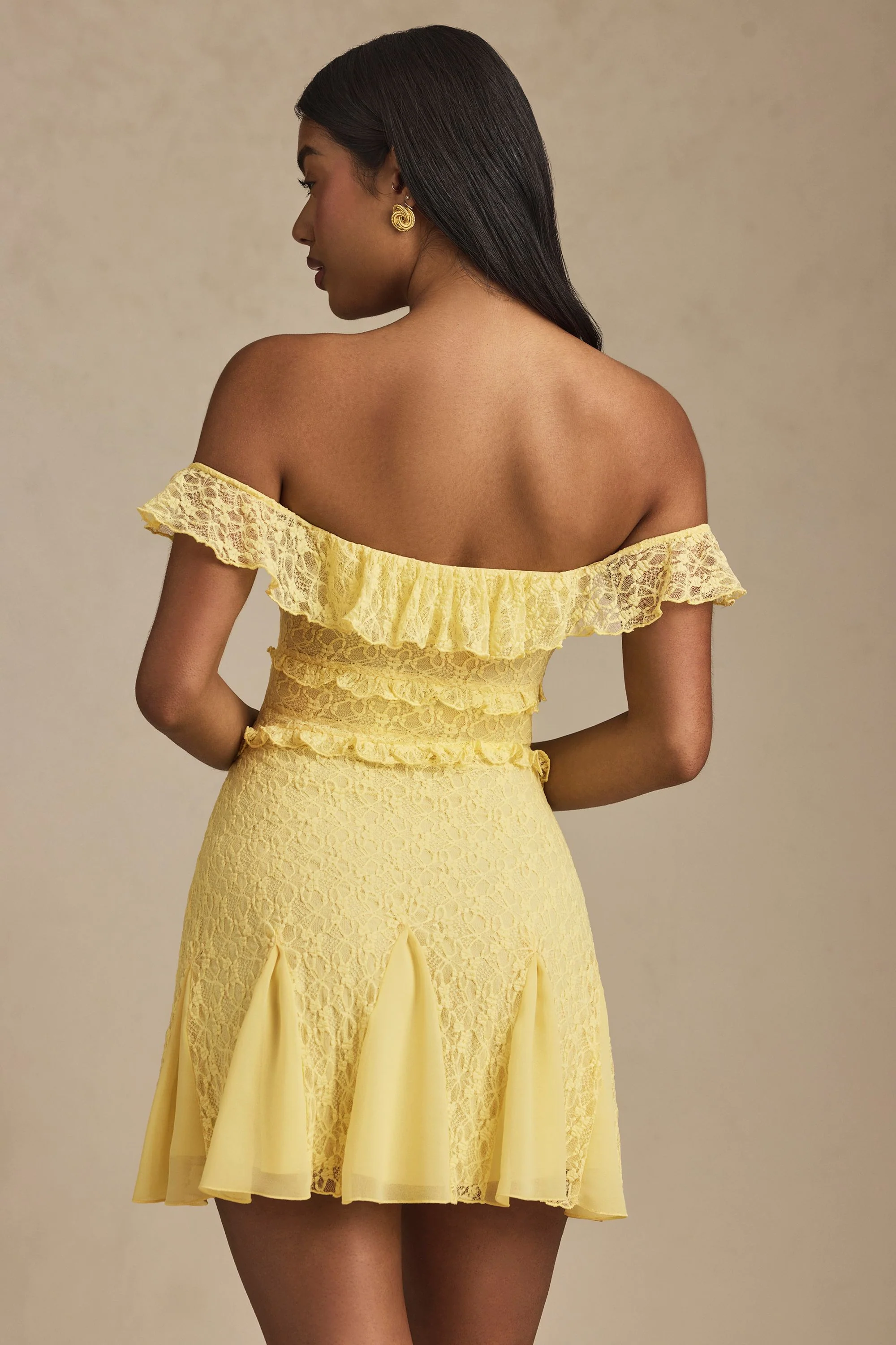 Off-Shoulder Lace A-Line Mini Dress in Pastel Yellow - TREBLEV
