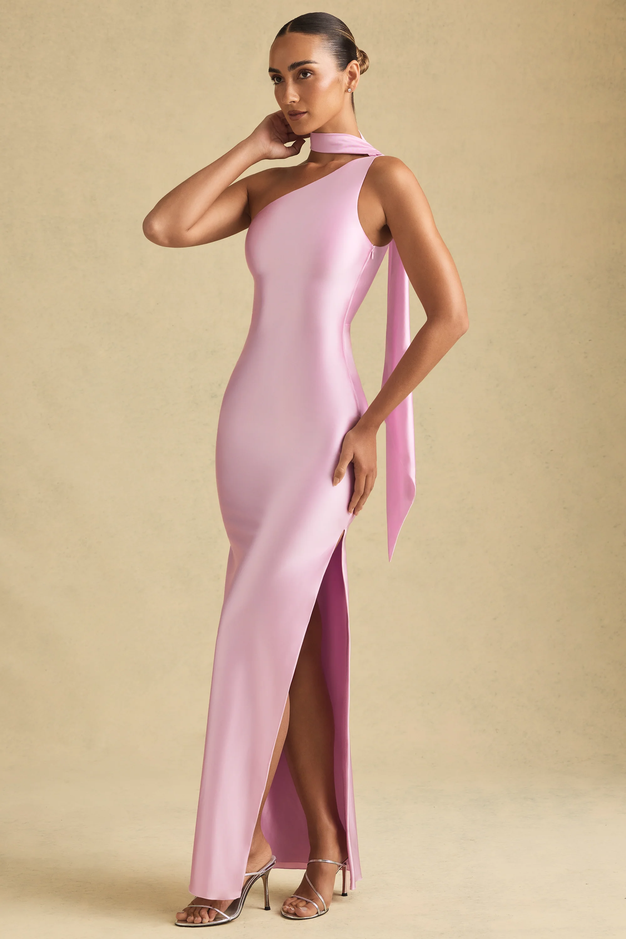 Asymmetric Scarf-Detail Maxi Dress in Soft Pink - TREBLEV