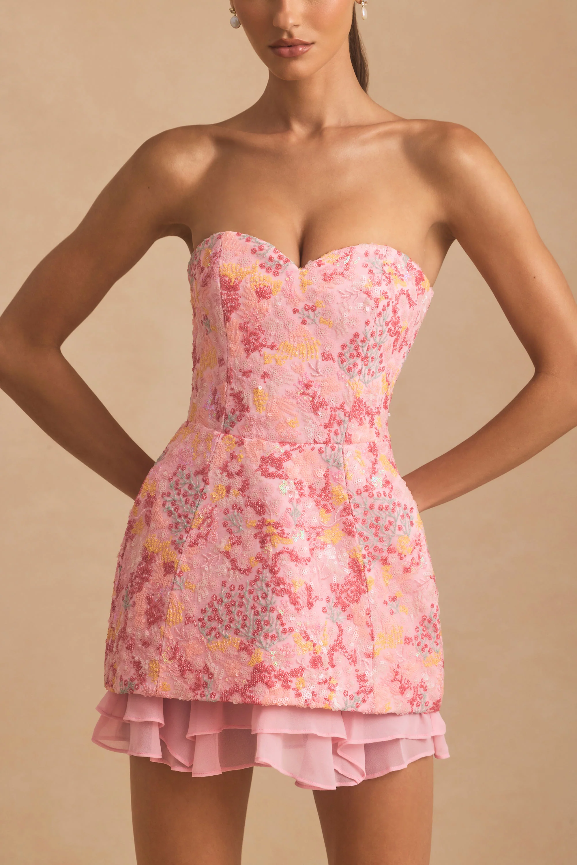 Embellished Strapless Corset Mini Dress in Pink - TREBLEV