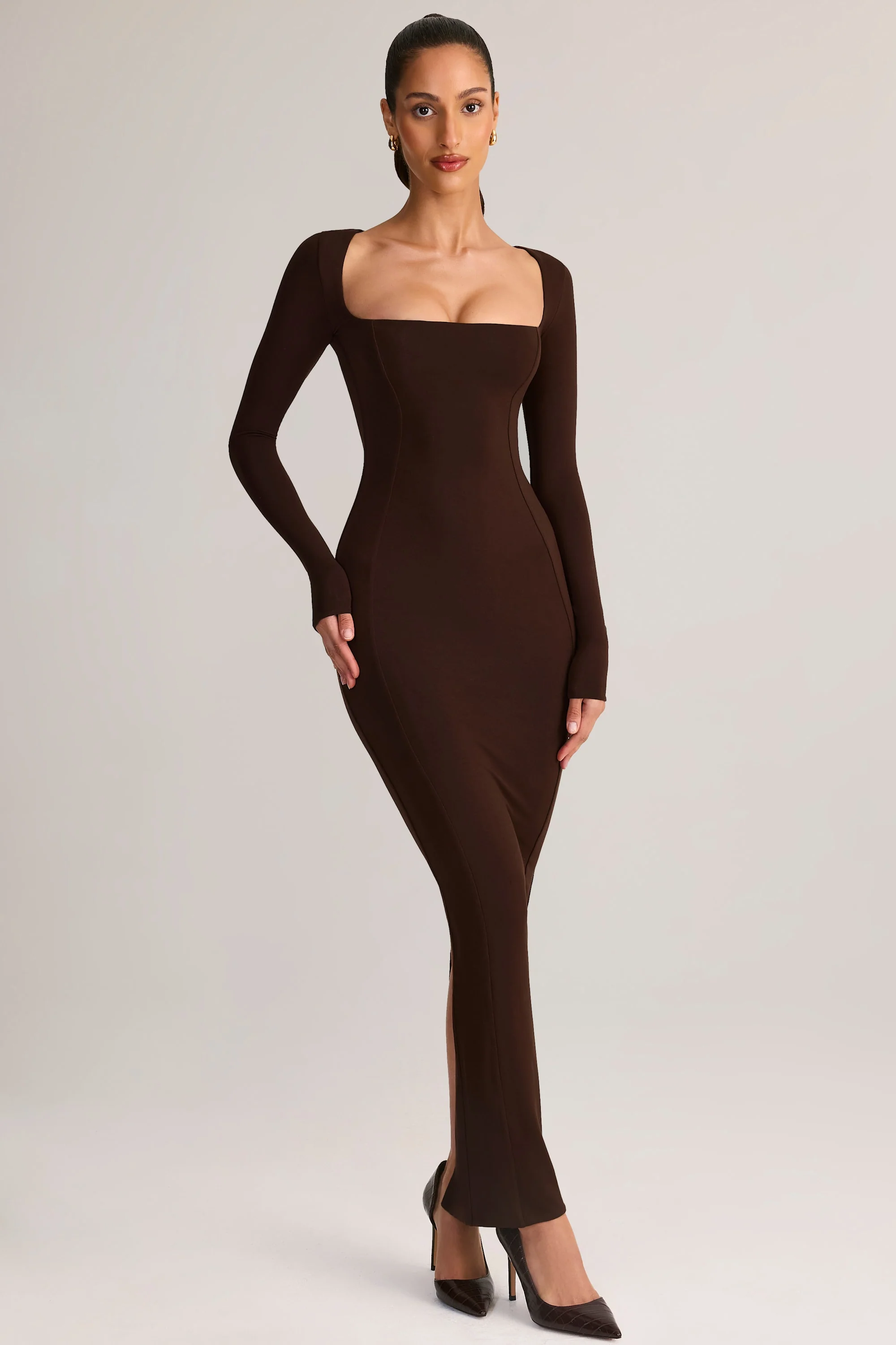 Modal Square-Neck Maxi Dress in Chocolate Brown - TREBLEV