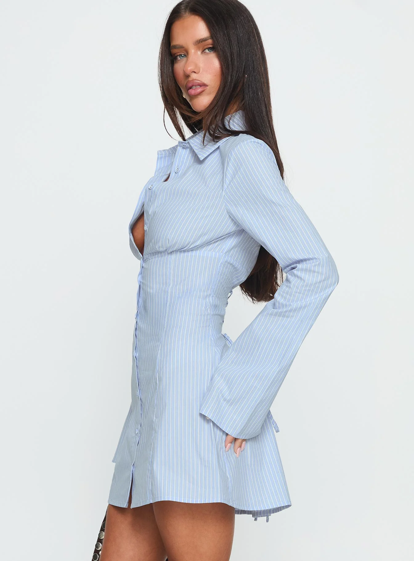 Tawni Long Sleeve Shirt Mini Dress Blue - TREBLEV