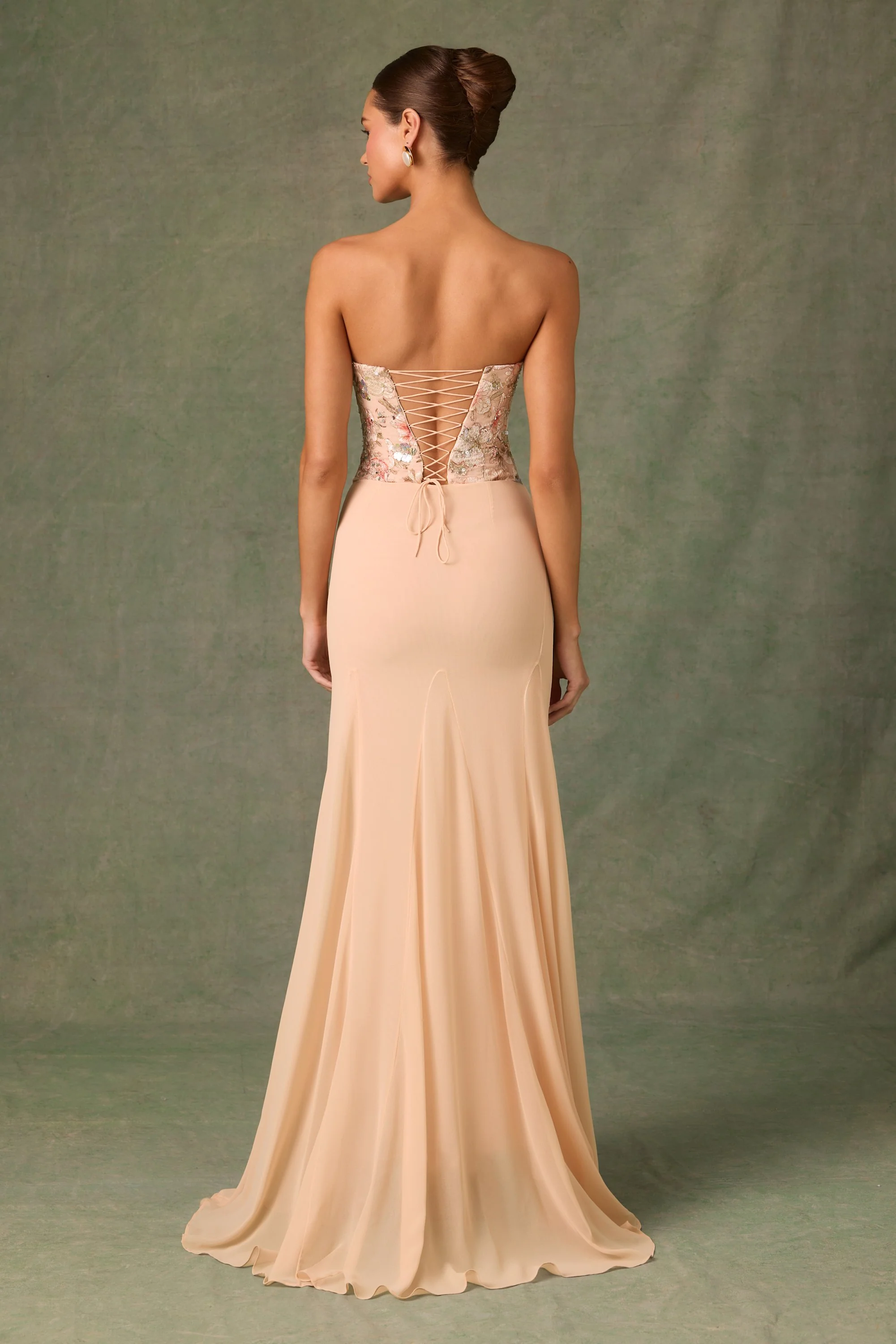 Embellished Corset Fishtail Gown in Floral Beige - TREBLEV