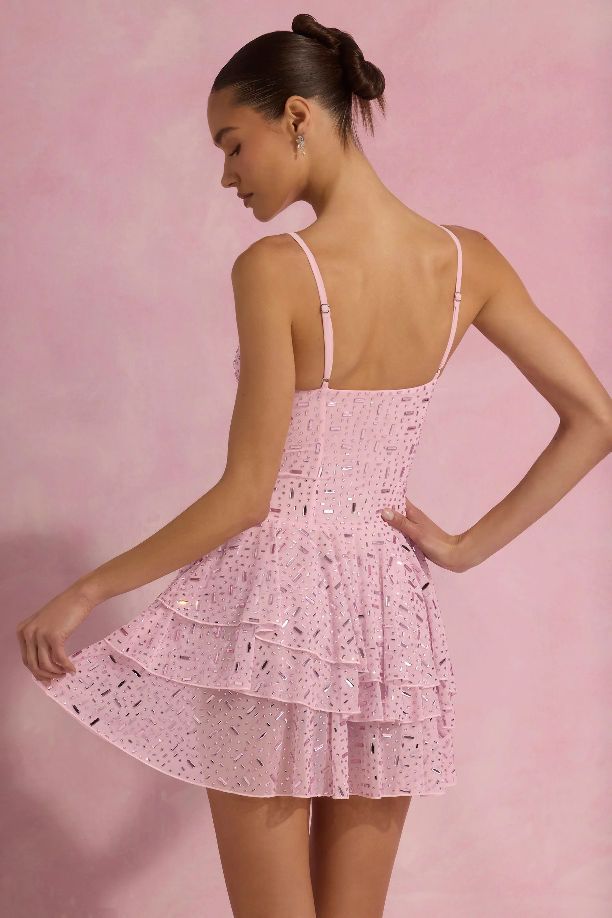 Embellished Ruffled Tiered Mini Dress in Pink - TREBLEV