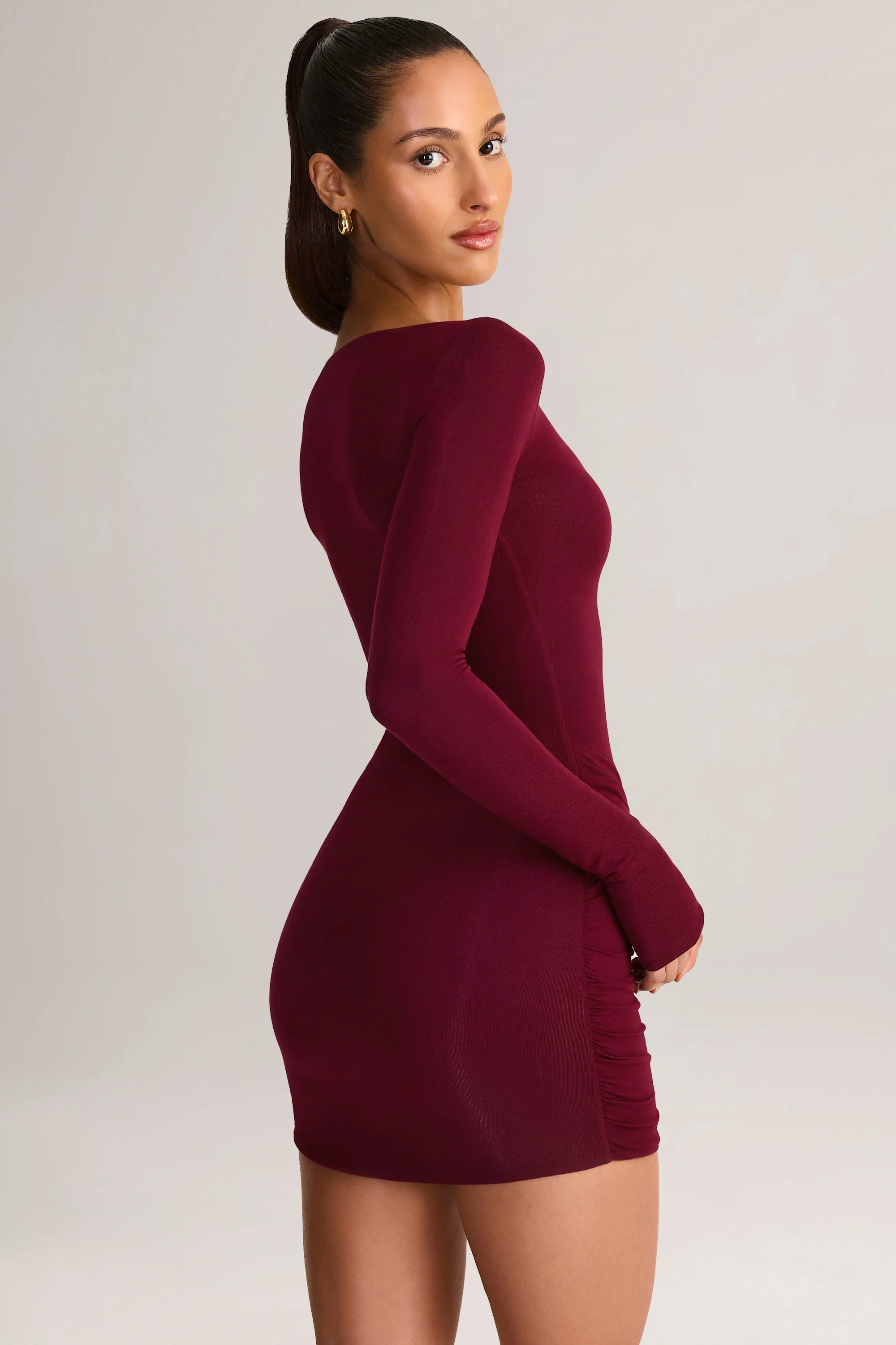 Modal Draped Long-Sleeve Mini Dress in Wine - TREBLEV