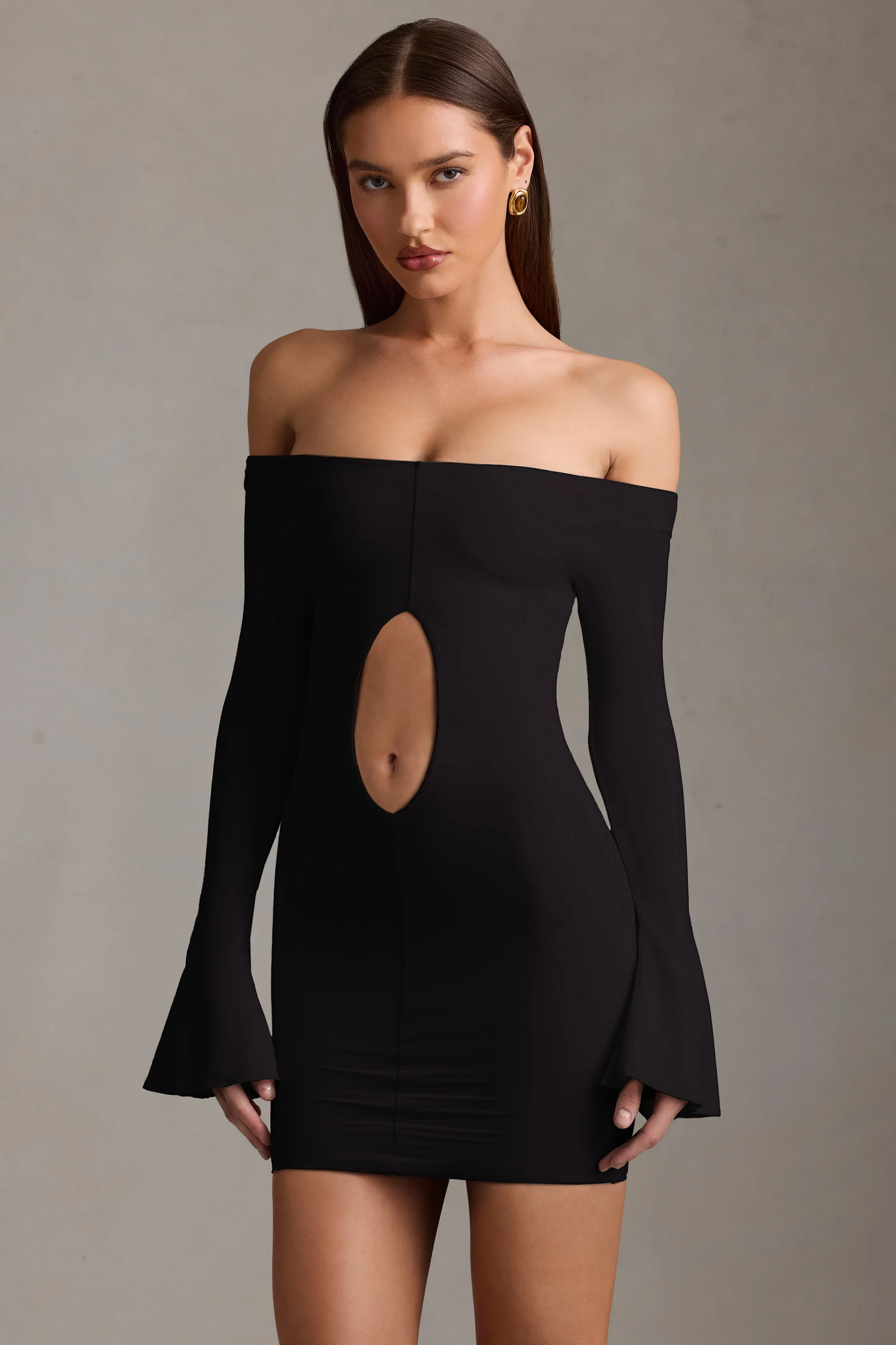 Off-Shoulder Cut-Out Mini Dress in Black - TREBLEV