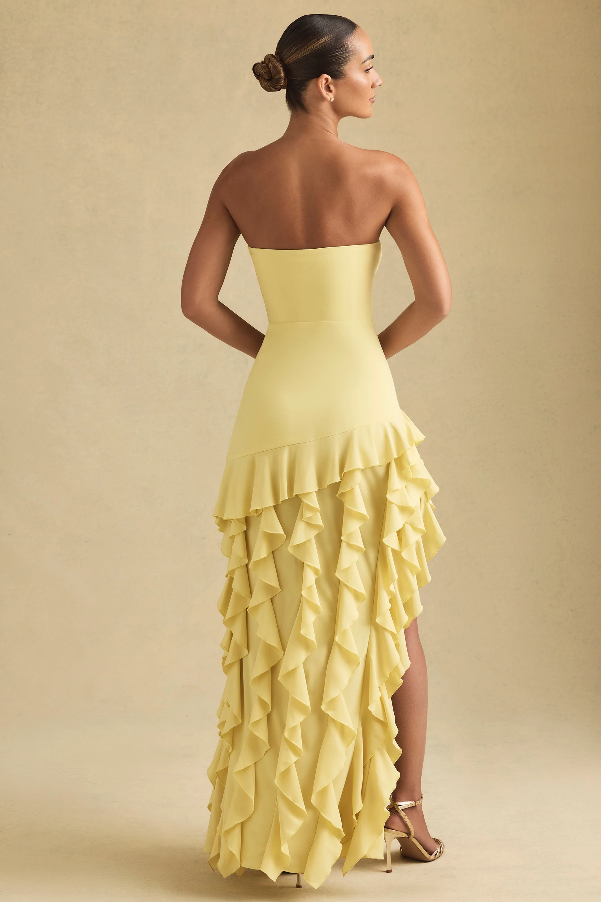 Ruffle-Trim Strapless Gown in Pastel Yellow - TREBLEV