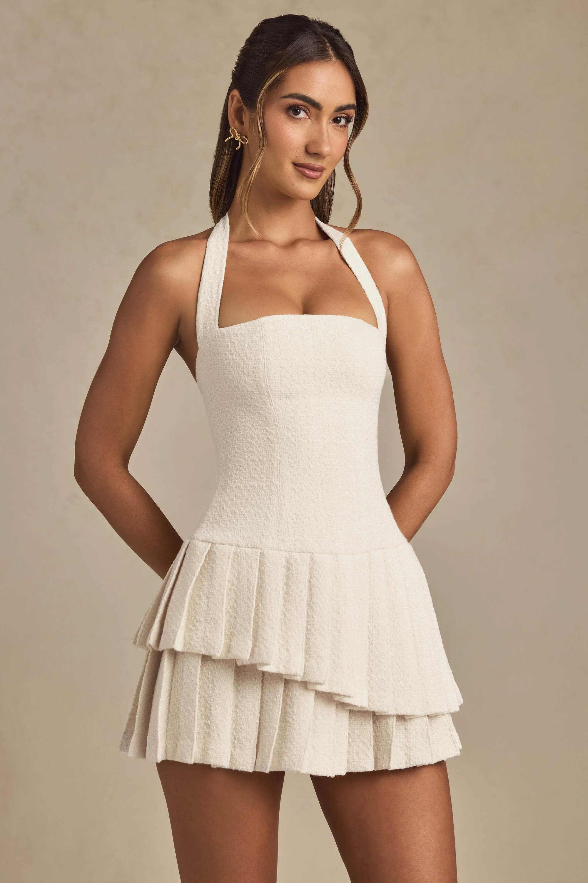 Asymmetric Layered Halterneck Mini Dress in Ivory - TREBLEV
