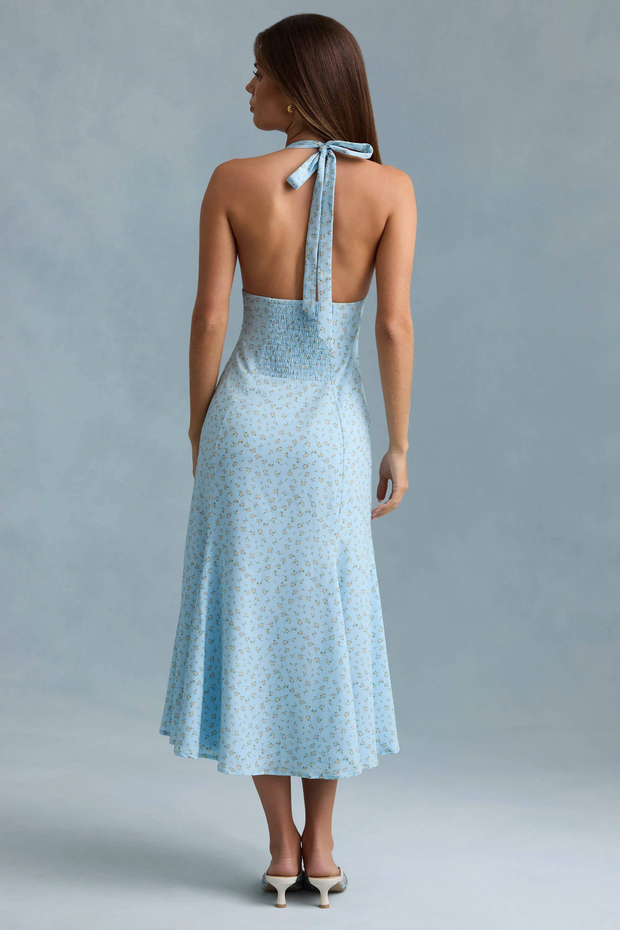 Halterneck Midaxi Dress in Blue Flower Print - TREBLEV