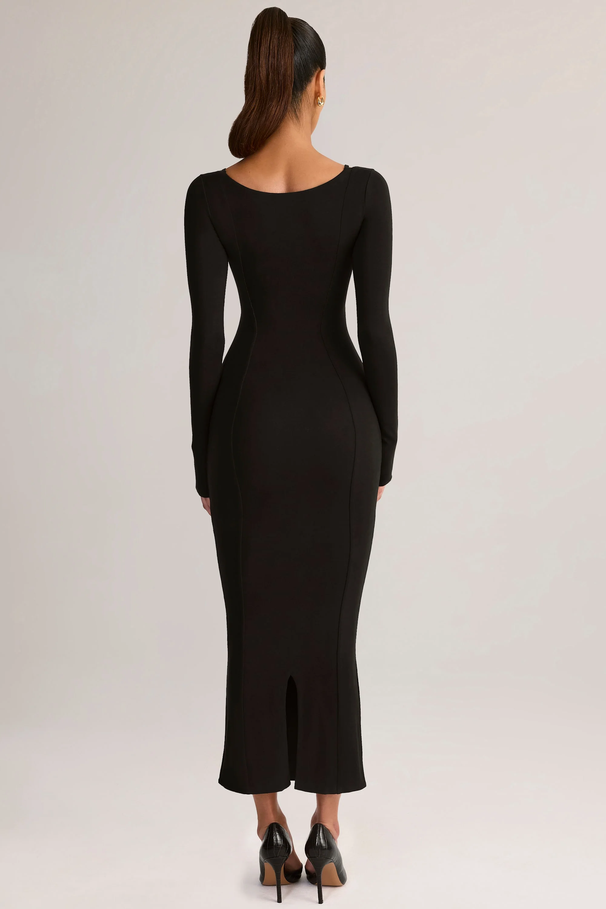 Modal Peekaboo Long-Sleeve Midi Dress in Black - TREBLEV