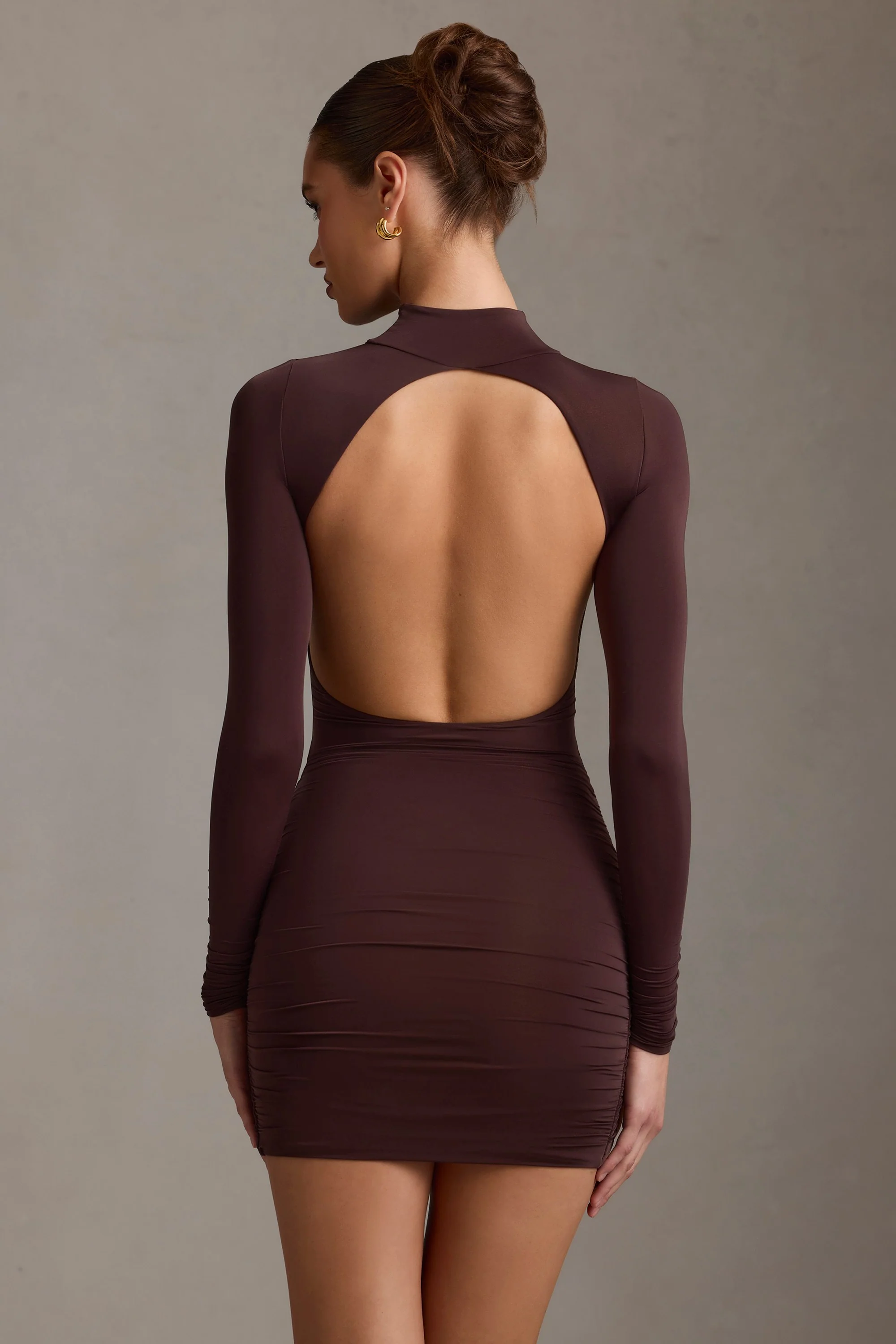 Ruched Backless Turtleneck Mini Dress in Chocolate Brown - TREBLEV
