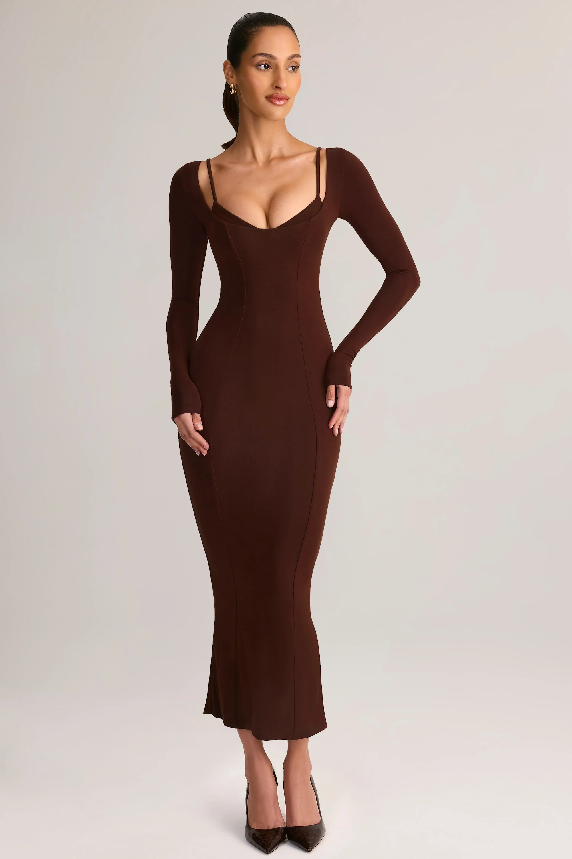 Modal Peekaboo Long-Sleeve Midi Dress in Chocolate Brown - TREBLEV