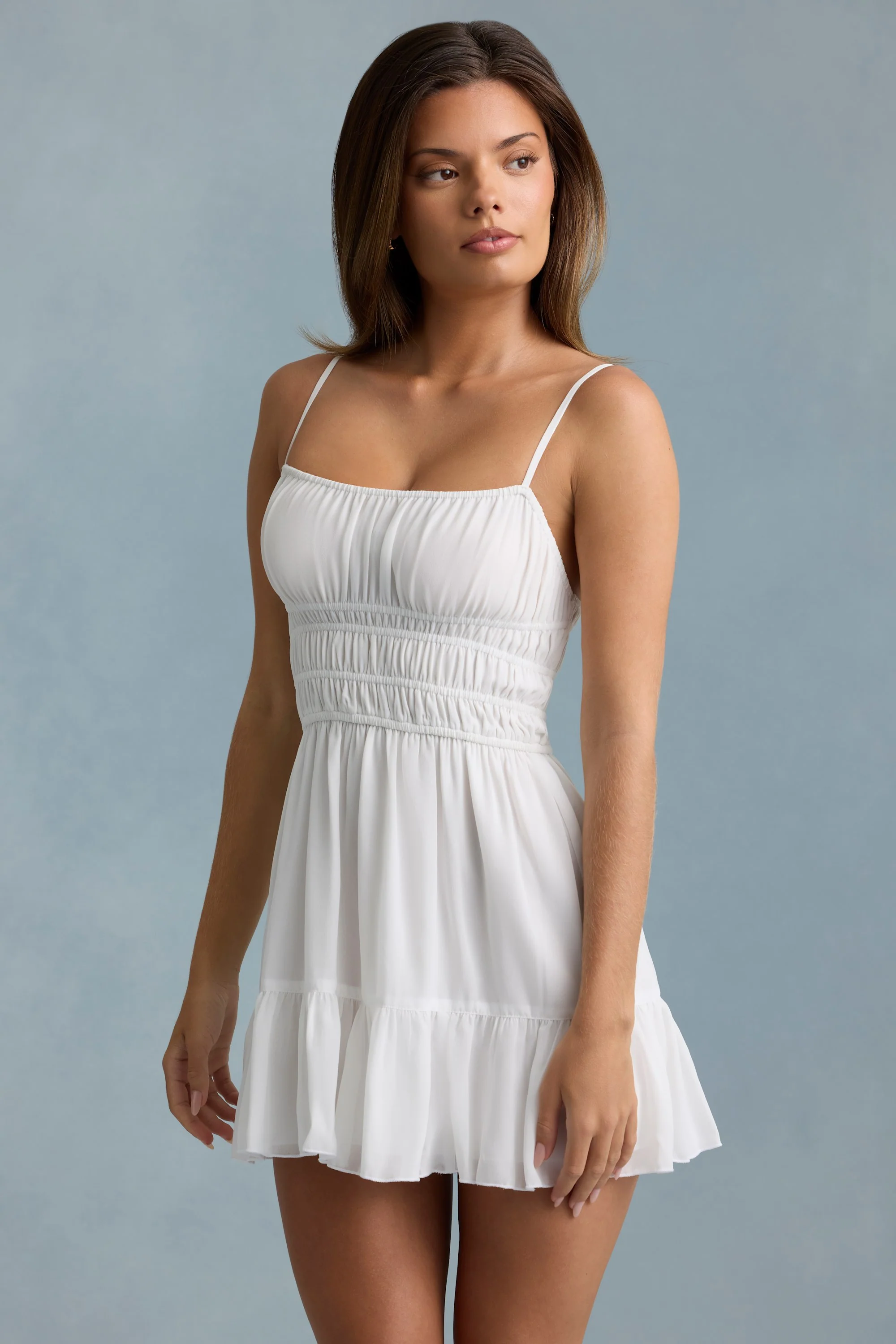 Shirred Camisole Mini Dress in White - TREBLEV