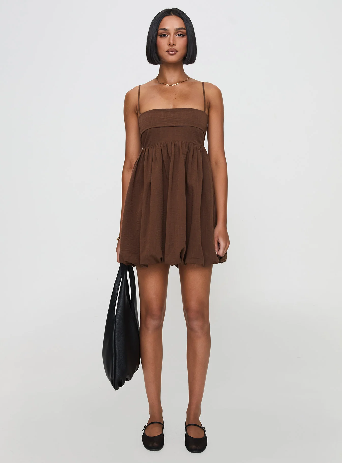 Layken Bubble Hem Mini Dress Chocolate - TREBLEV