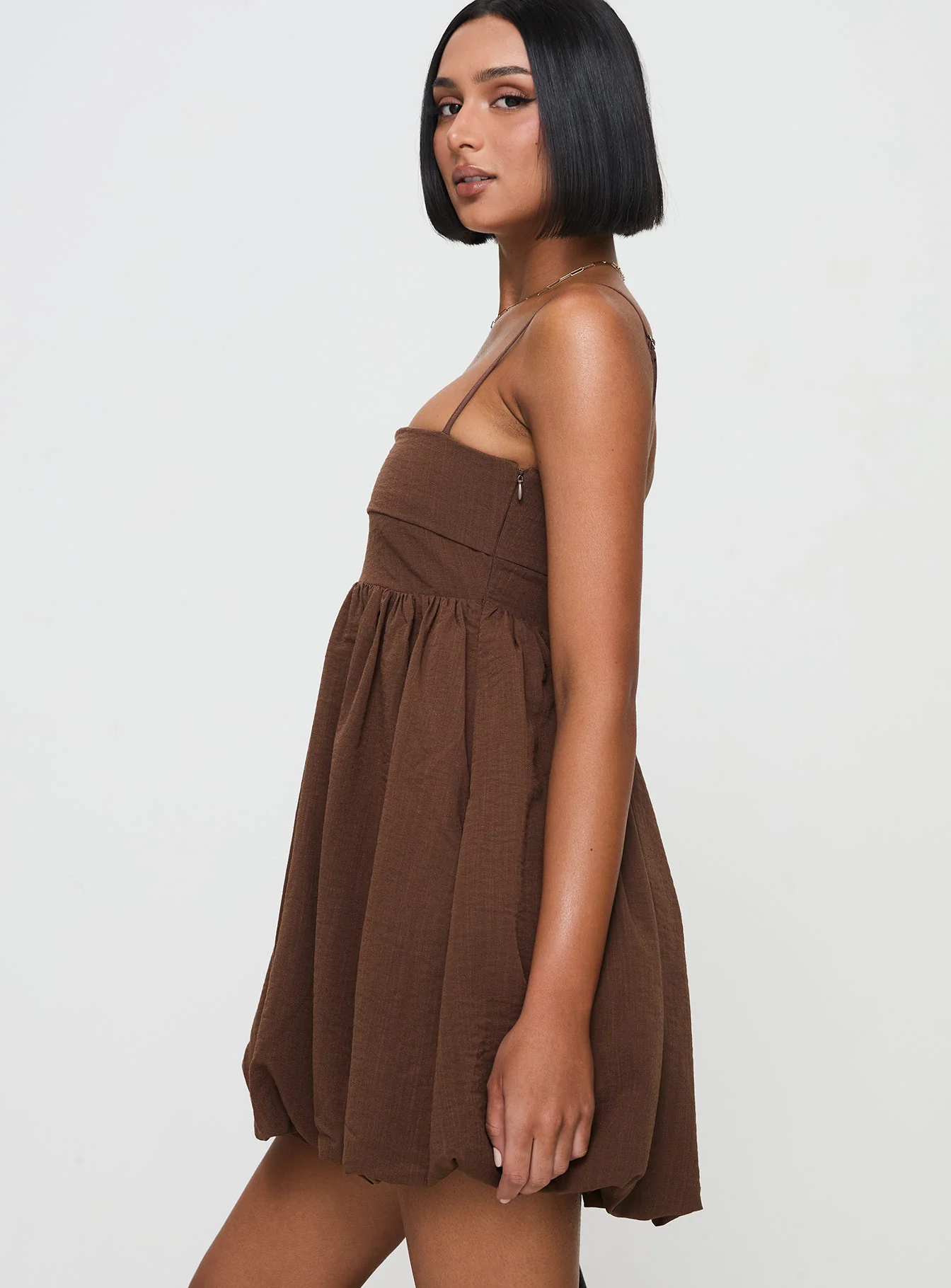 Layken Bubble Hem Mini Dress Chocolate - TREBLEV