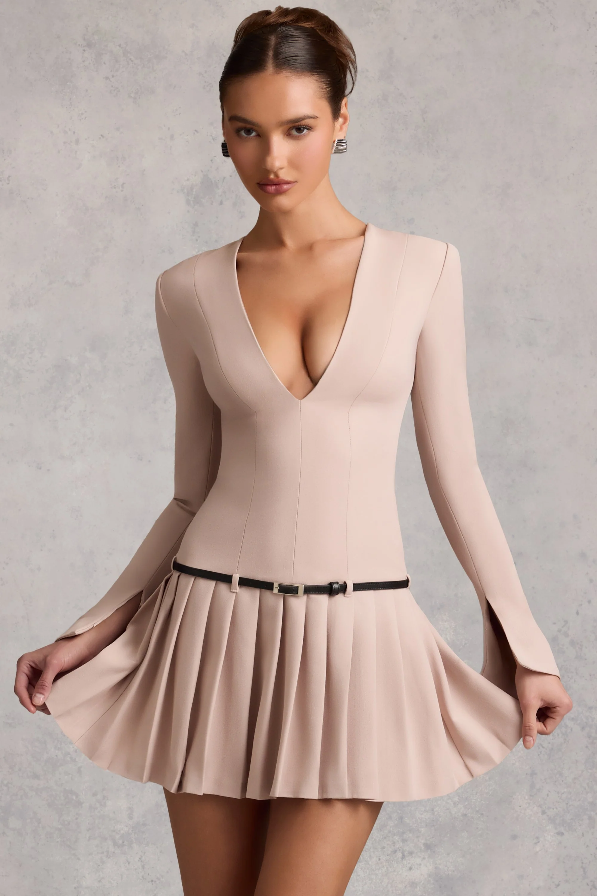 Long-Sleeve Pleated Mini Dress in Mushroom - TREBLEV