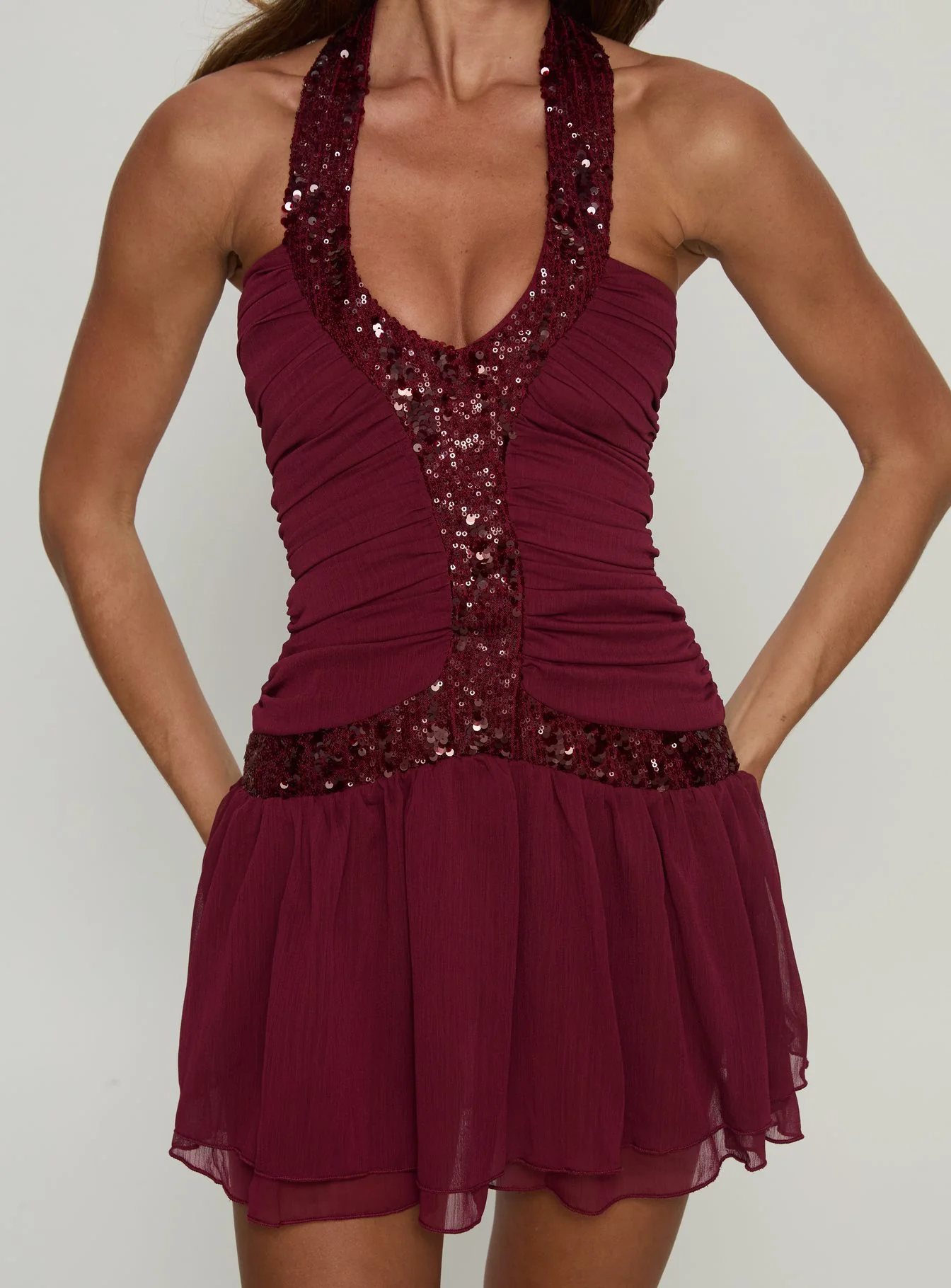 Aisleigh Sequin Halter Mini Dress Berry - TREBLEV