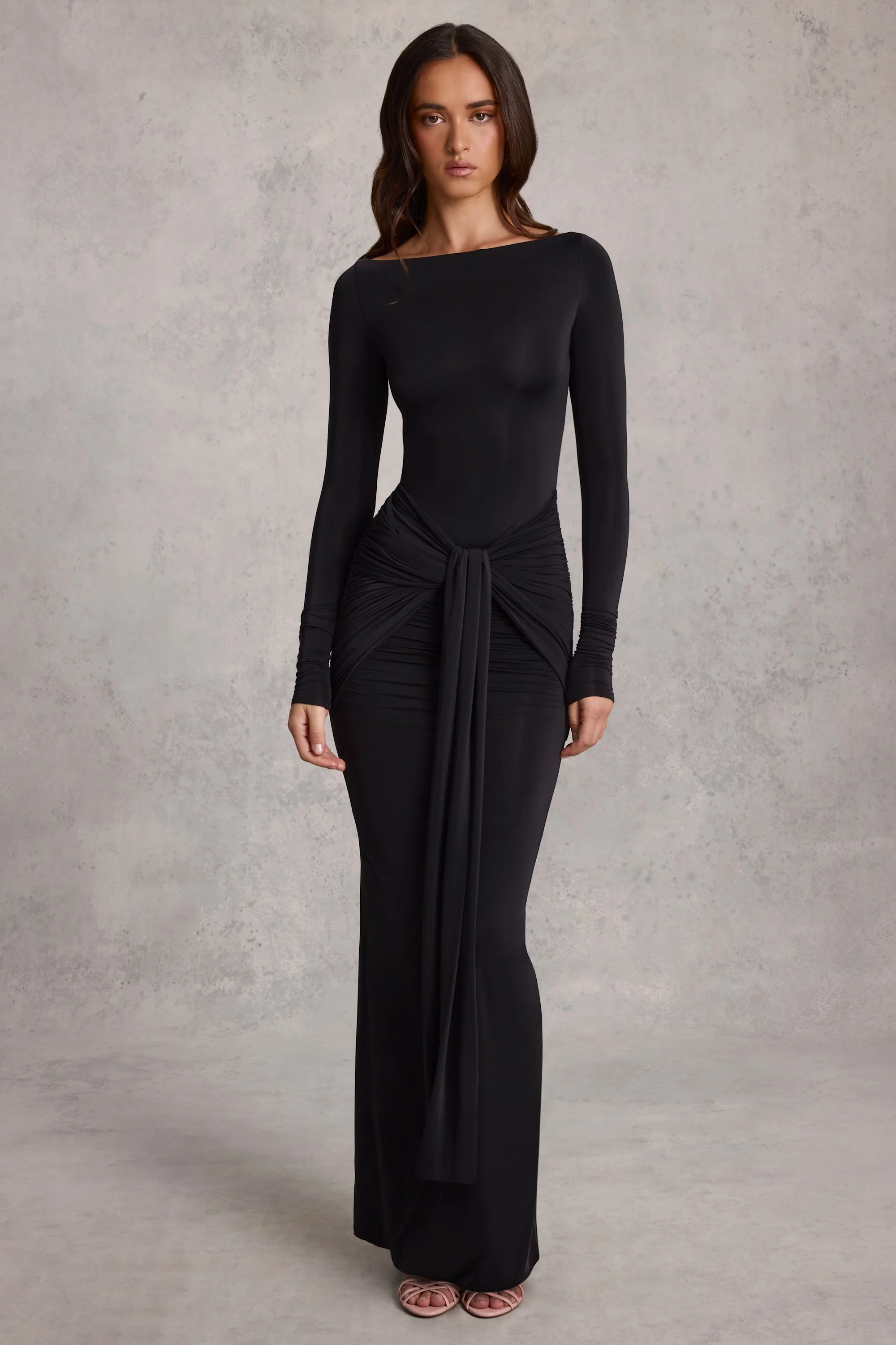 Draped Ruched Maxi Dress in Black - TREBLEV