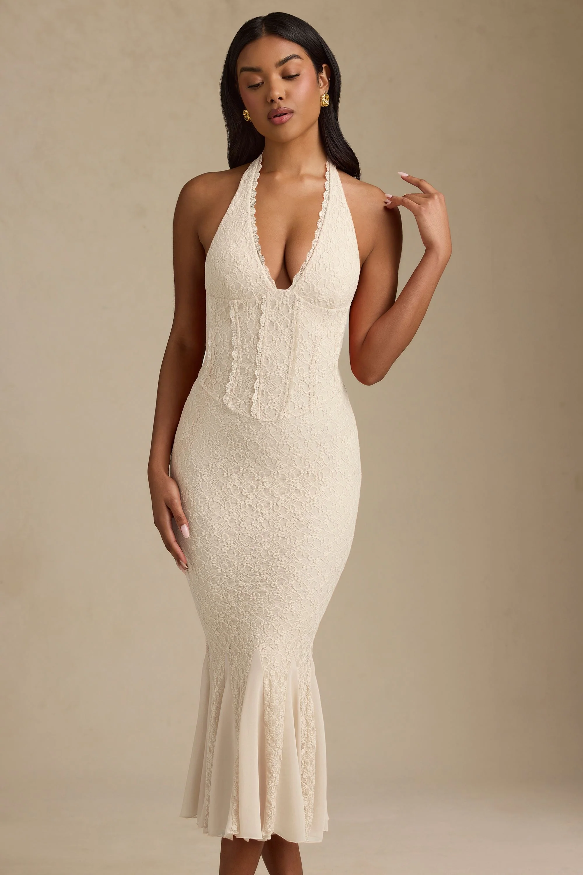 Halterneck Corset Lace Midaxi Dress in Ivory - TREBLEV