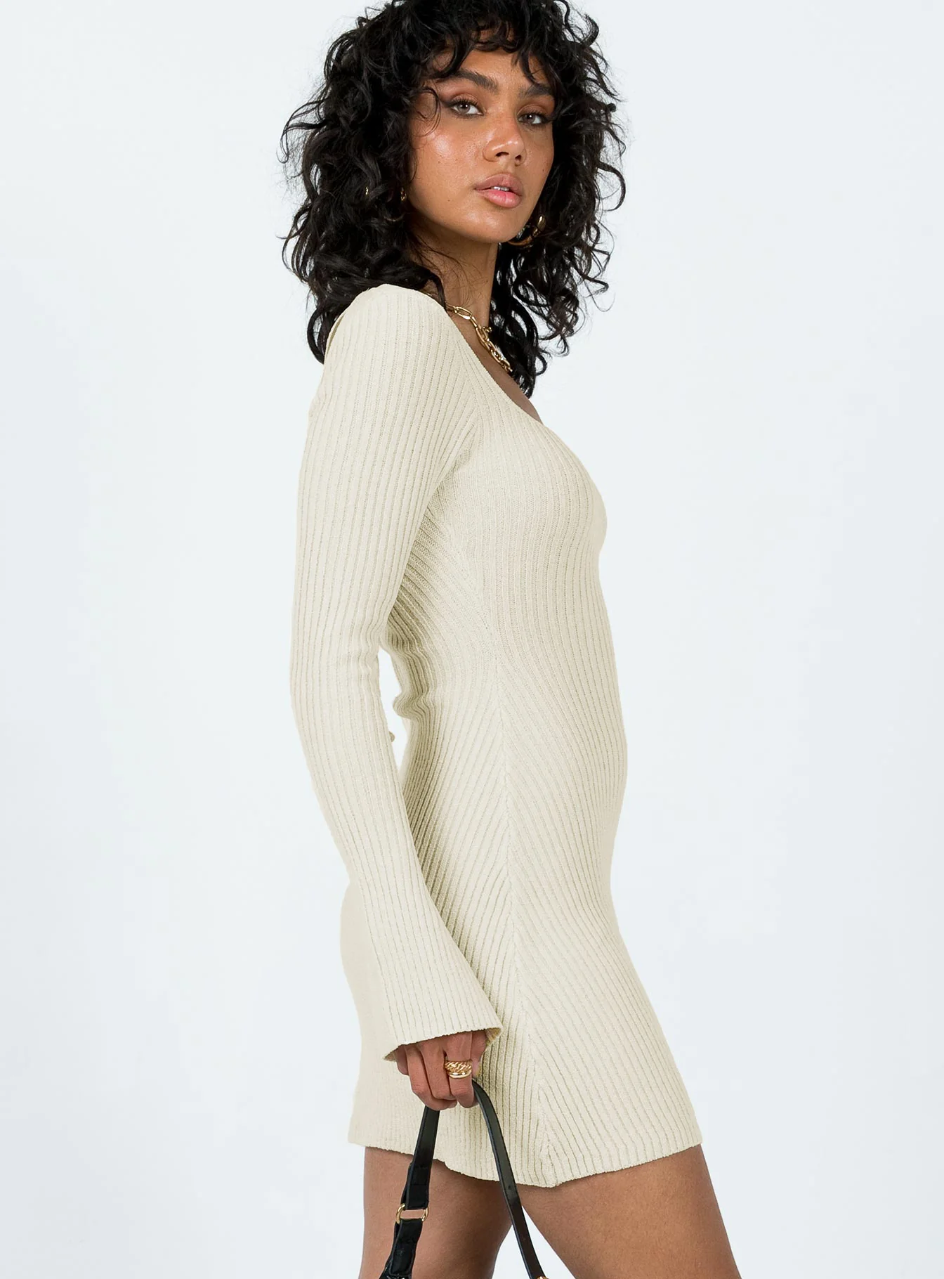 Brownhall Long Sleeve Mini Dress Beige - TREBLEV