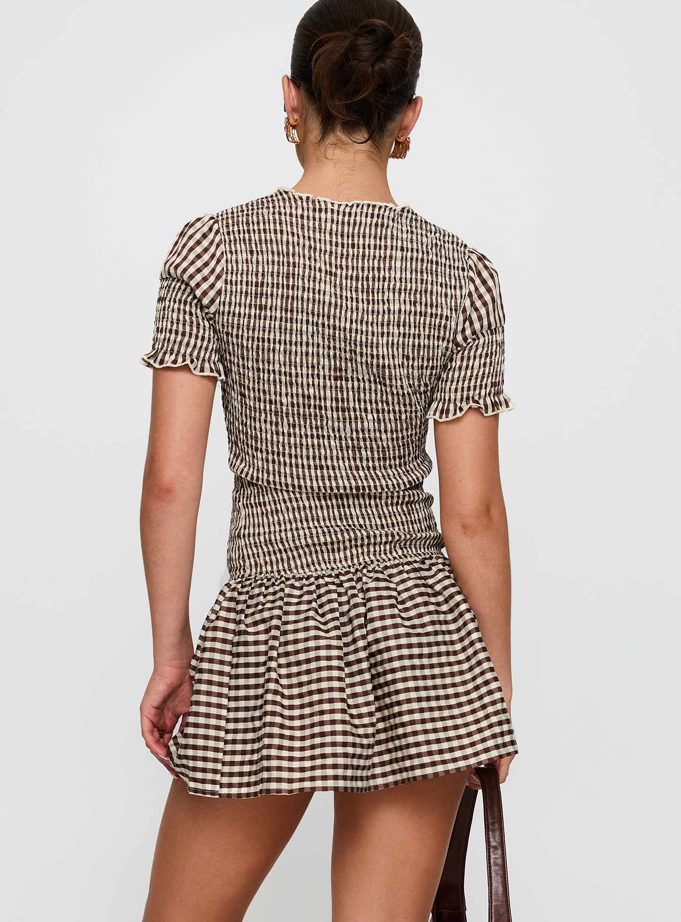 Laurita Shirred Mini Dress Brown Check - TREBLEV