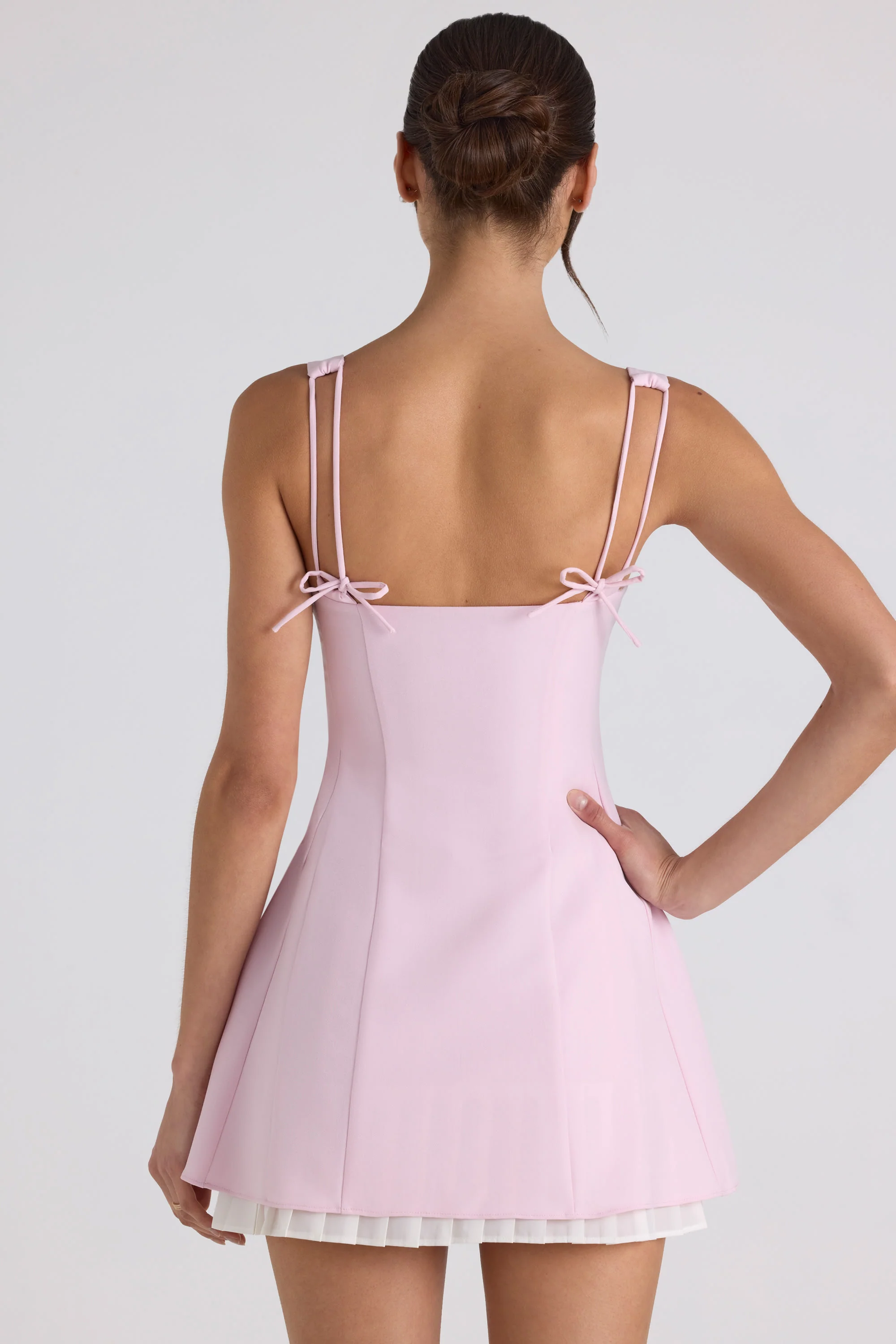 Bow-Detail Pleated A-Line Mini Dress in Soft Pink - TREBLEV