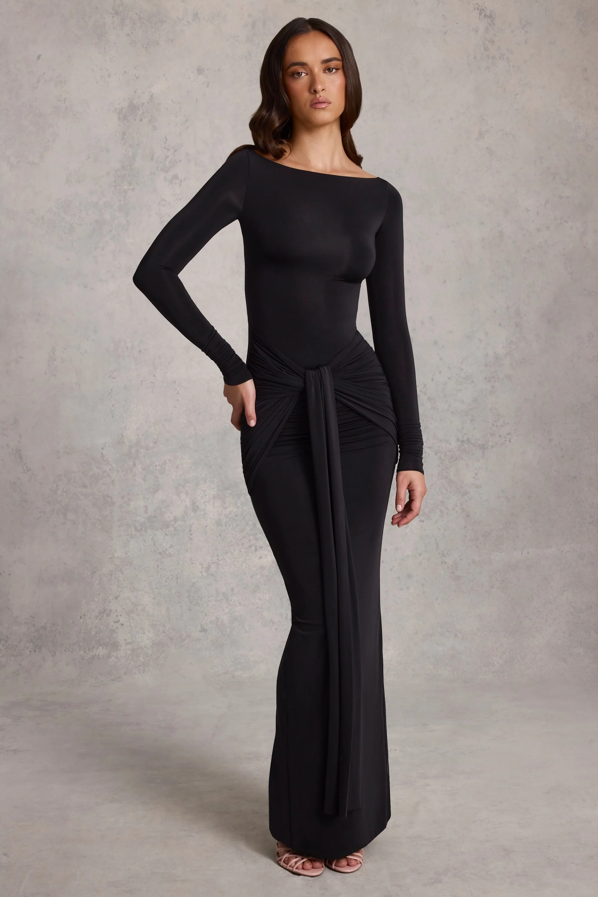 Draped Ruched Maxi Dress in Black - TREBLEV