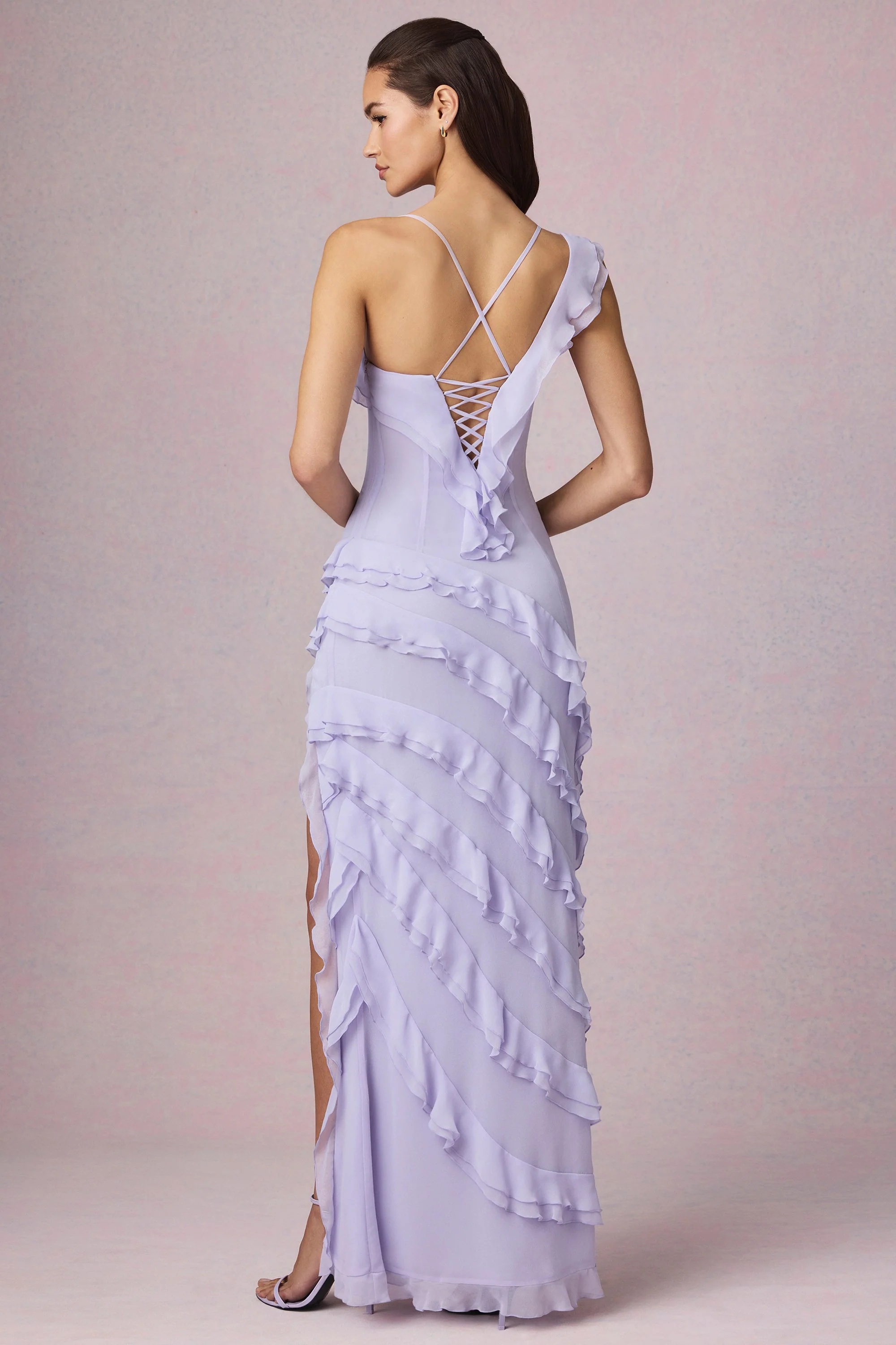 Asymmetric Ruffled Lace-Up Gown in Lilac - TREBLEV