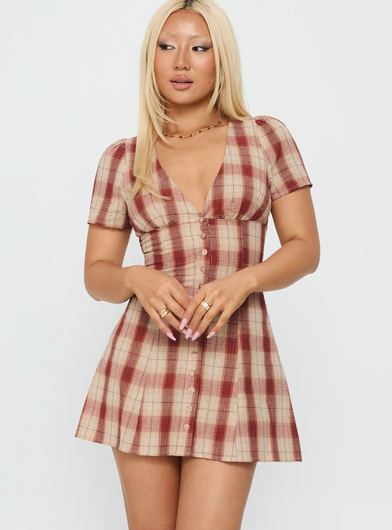 Twist Of Fate V Neck Mini Dress Plaid - TREBLEV