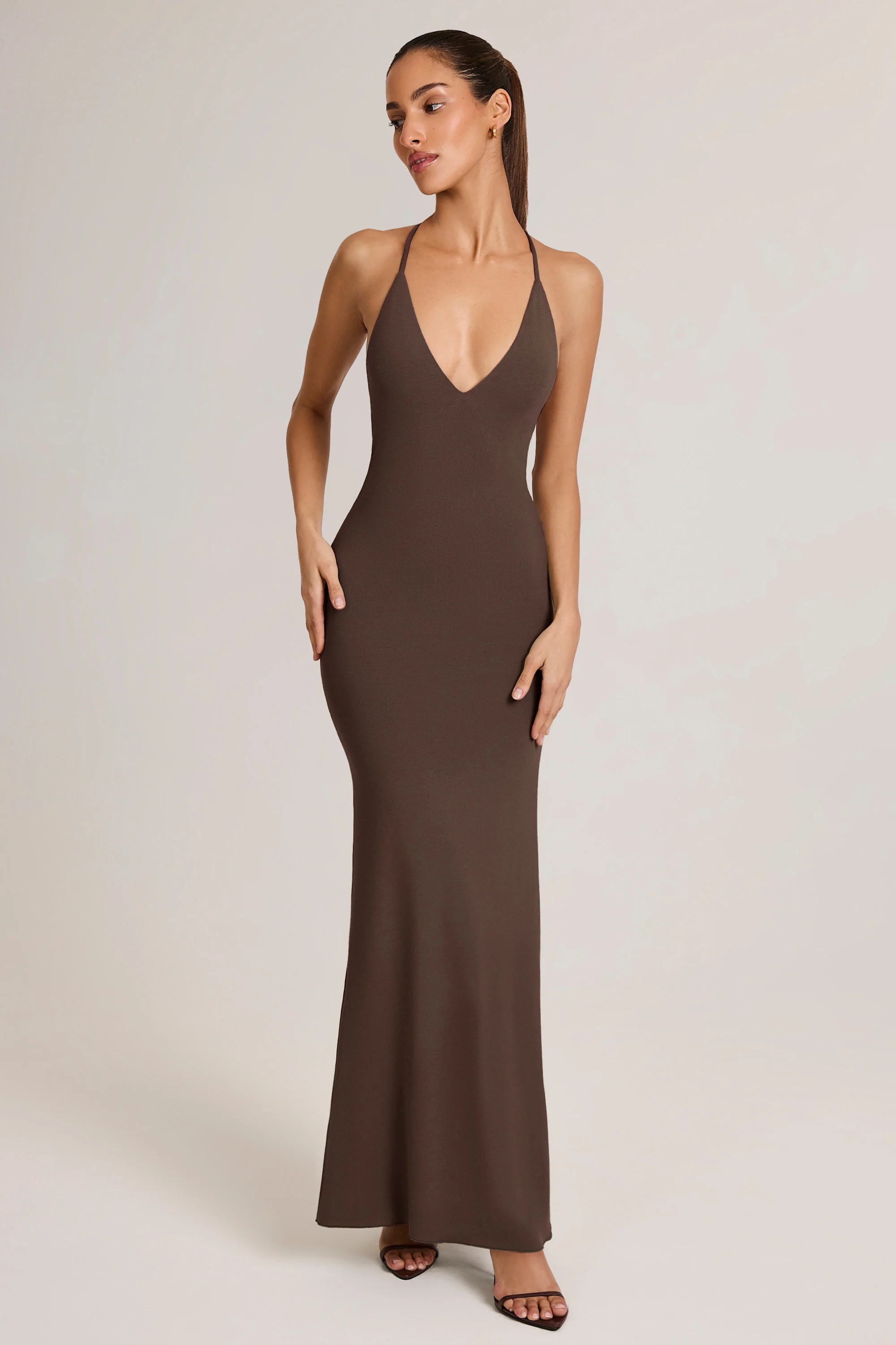Modal Plunge Backless Maxi Dress in Chocolate Brown - TREBLEV