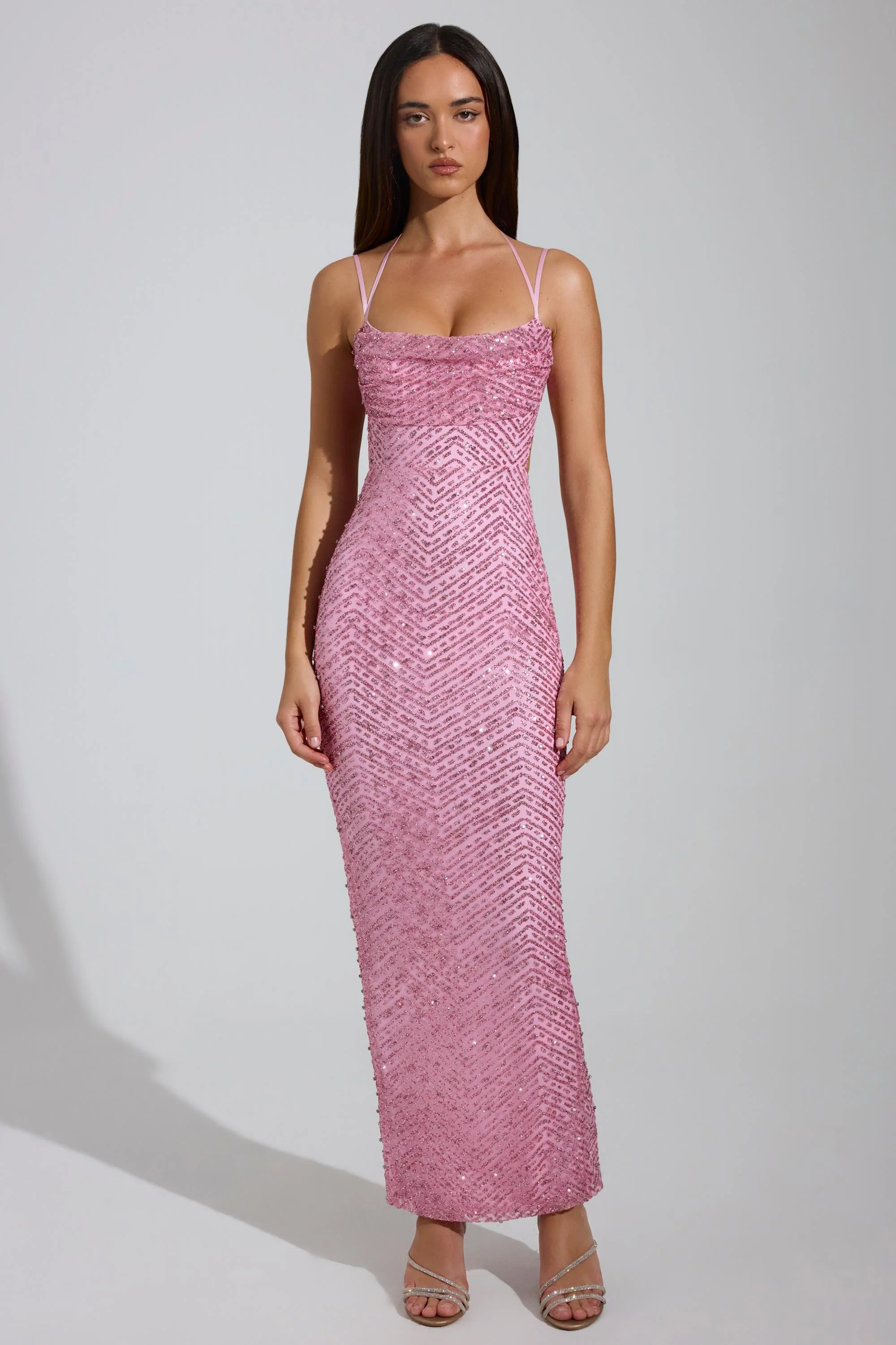 Embellished Cowl-Neck Maxi Dress in Pink - TREBLEV