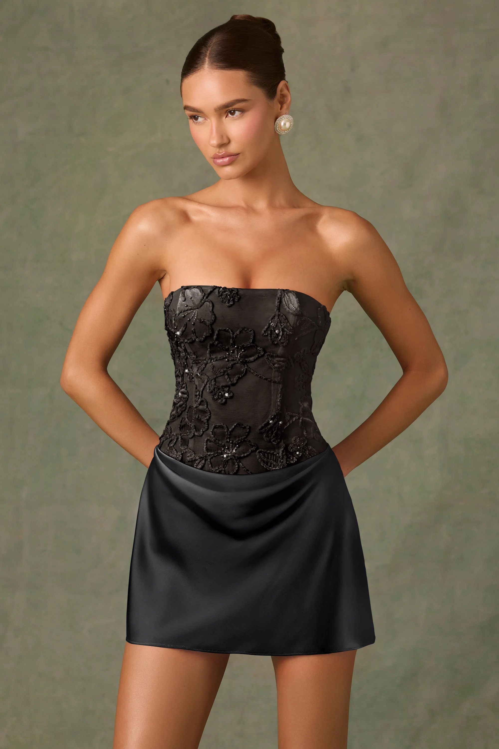 Embellished Draped Strapless A-Line Mini Dress in Black - TREBLEV