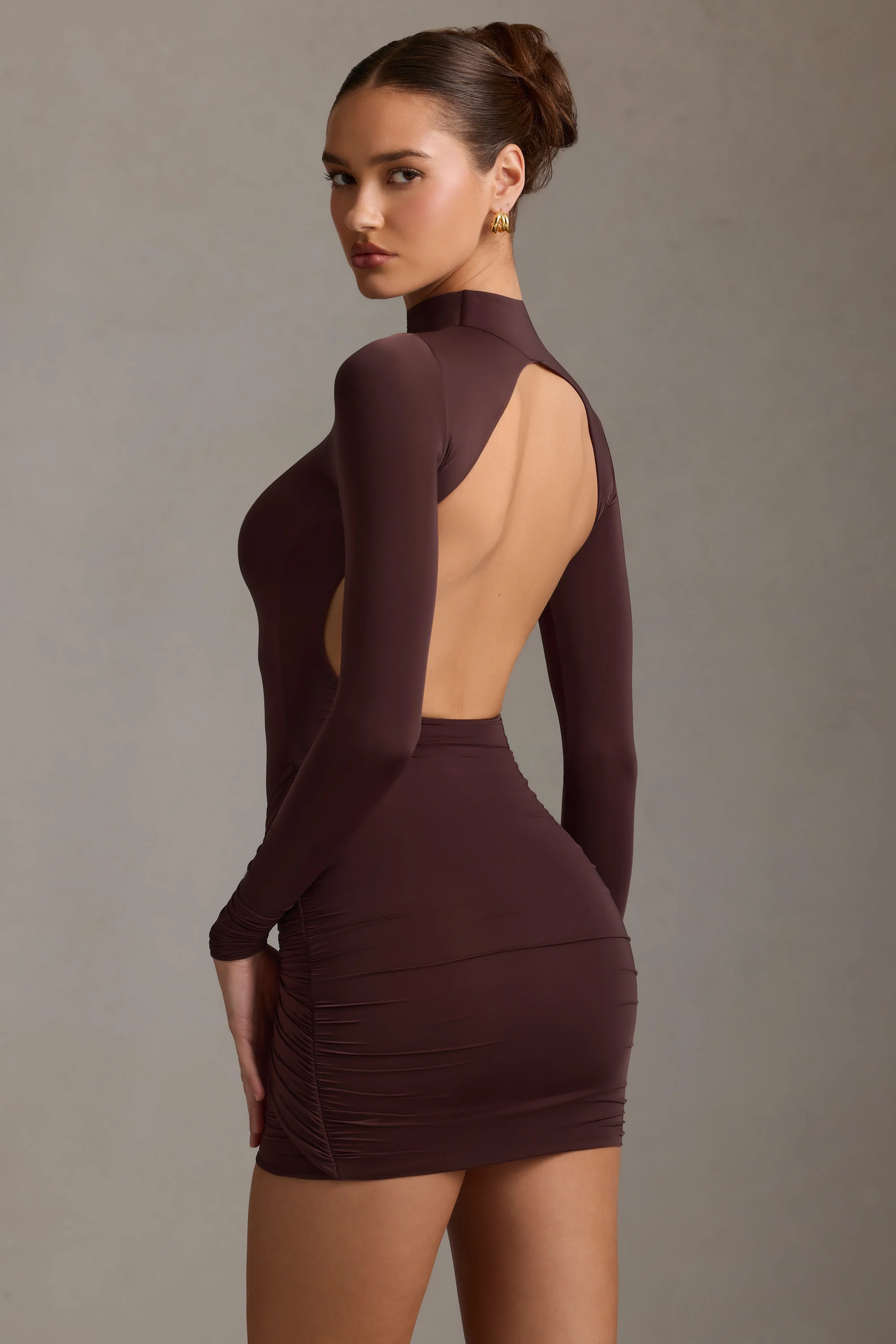 Ruched Backless Turtleneck Mini Dress in Chocolate Brown - TREBLEV