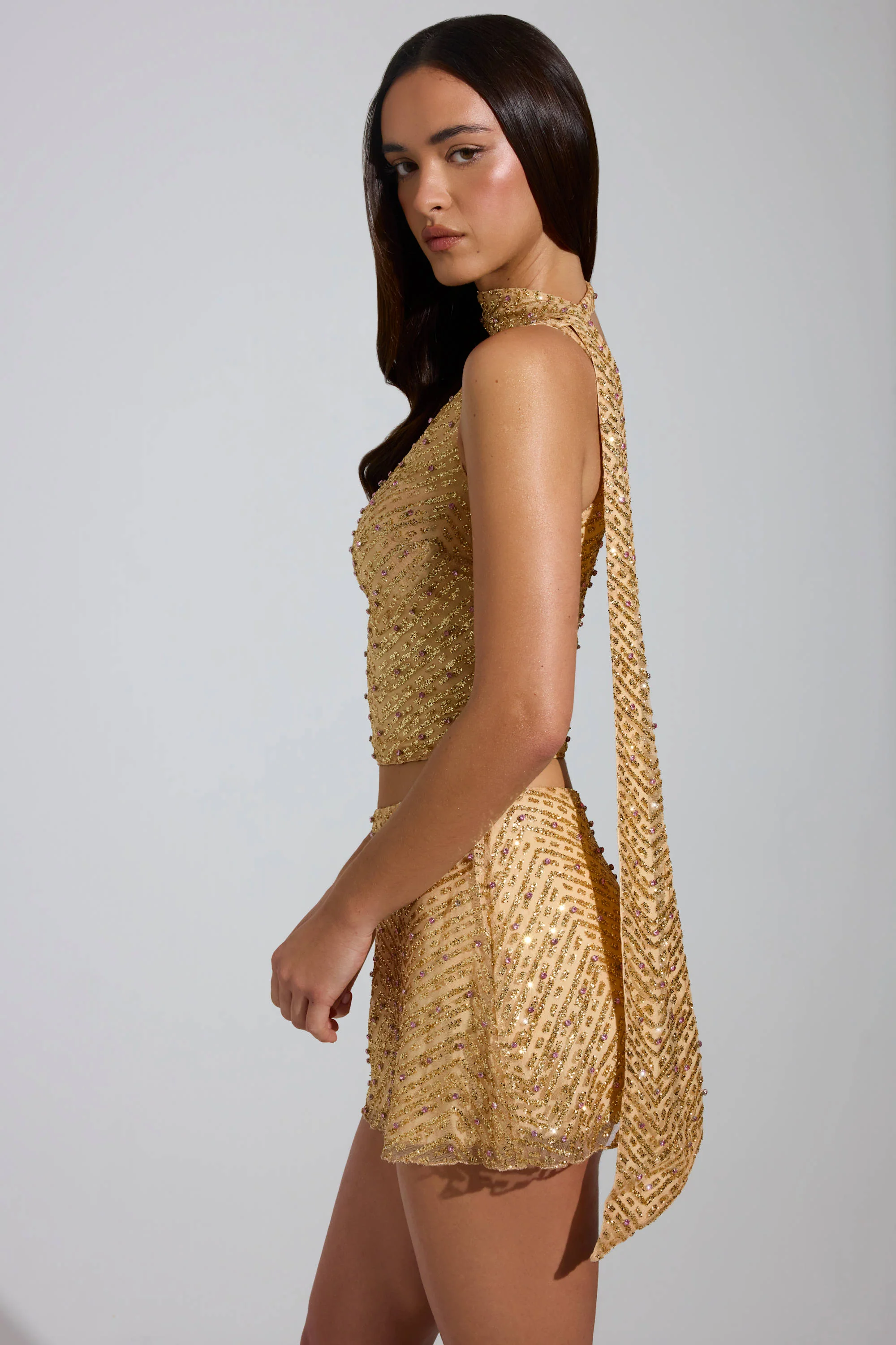 Embellished Scarf-Detail Asymmetric Top in Gold - TREBLEV